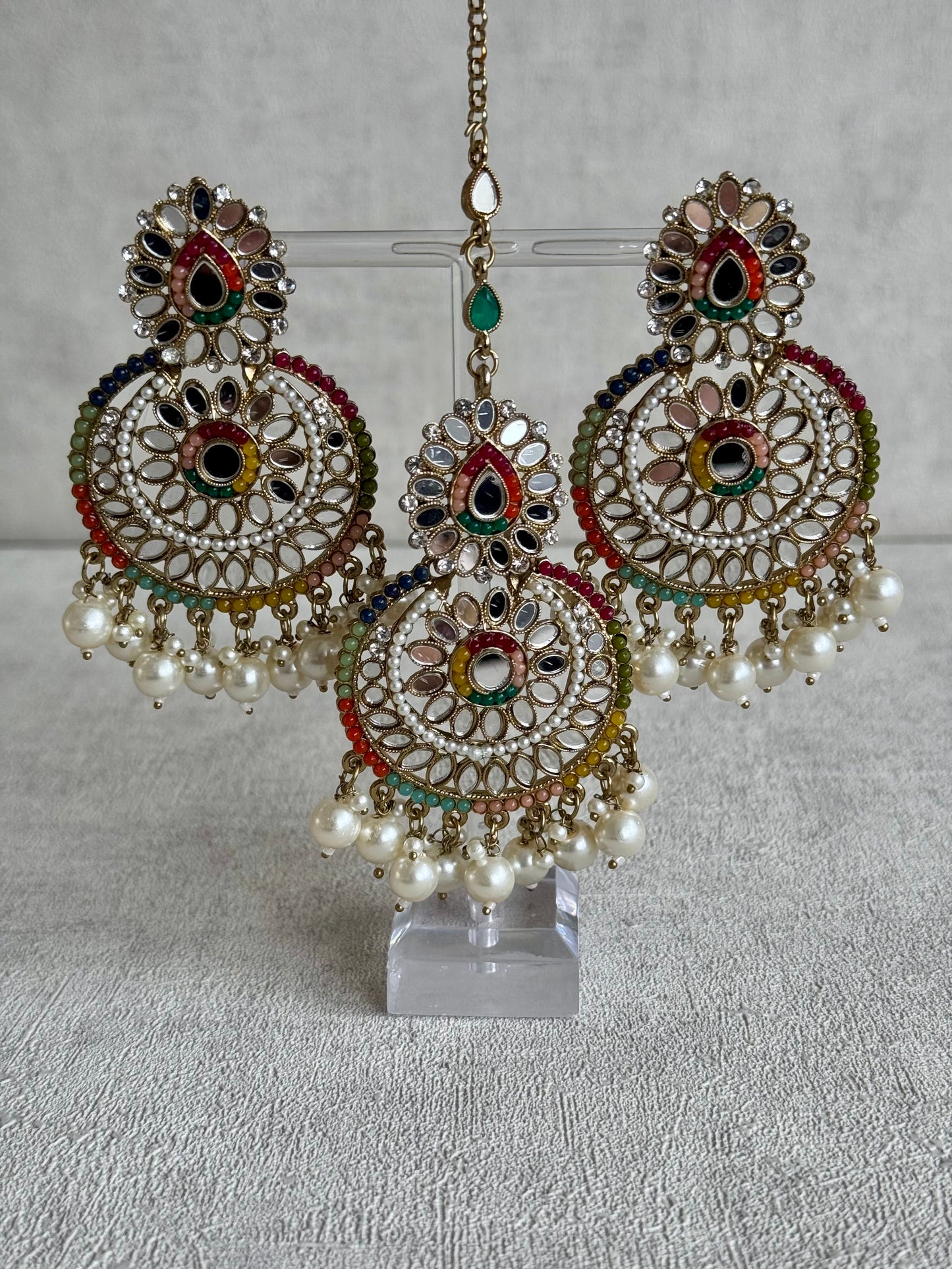 Ayura Designs Dilkash Tikka Set with Earrings – Multicolour Meenakari, Kundan, Mirror Work & Pearls