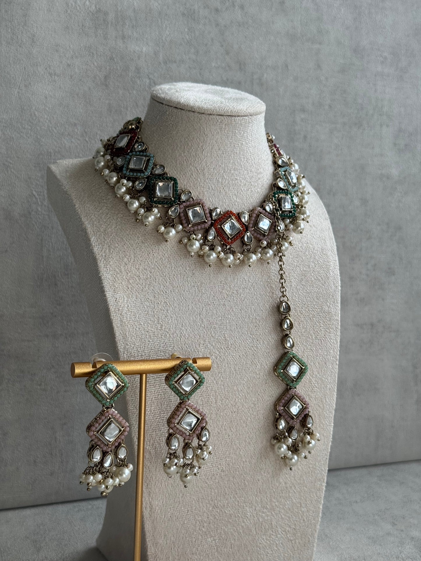 Ayura Designs Talia Set with Earrings & Tikka – Multicolour Enamel, Kundan & Pearls