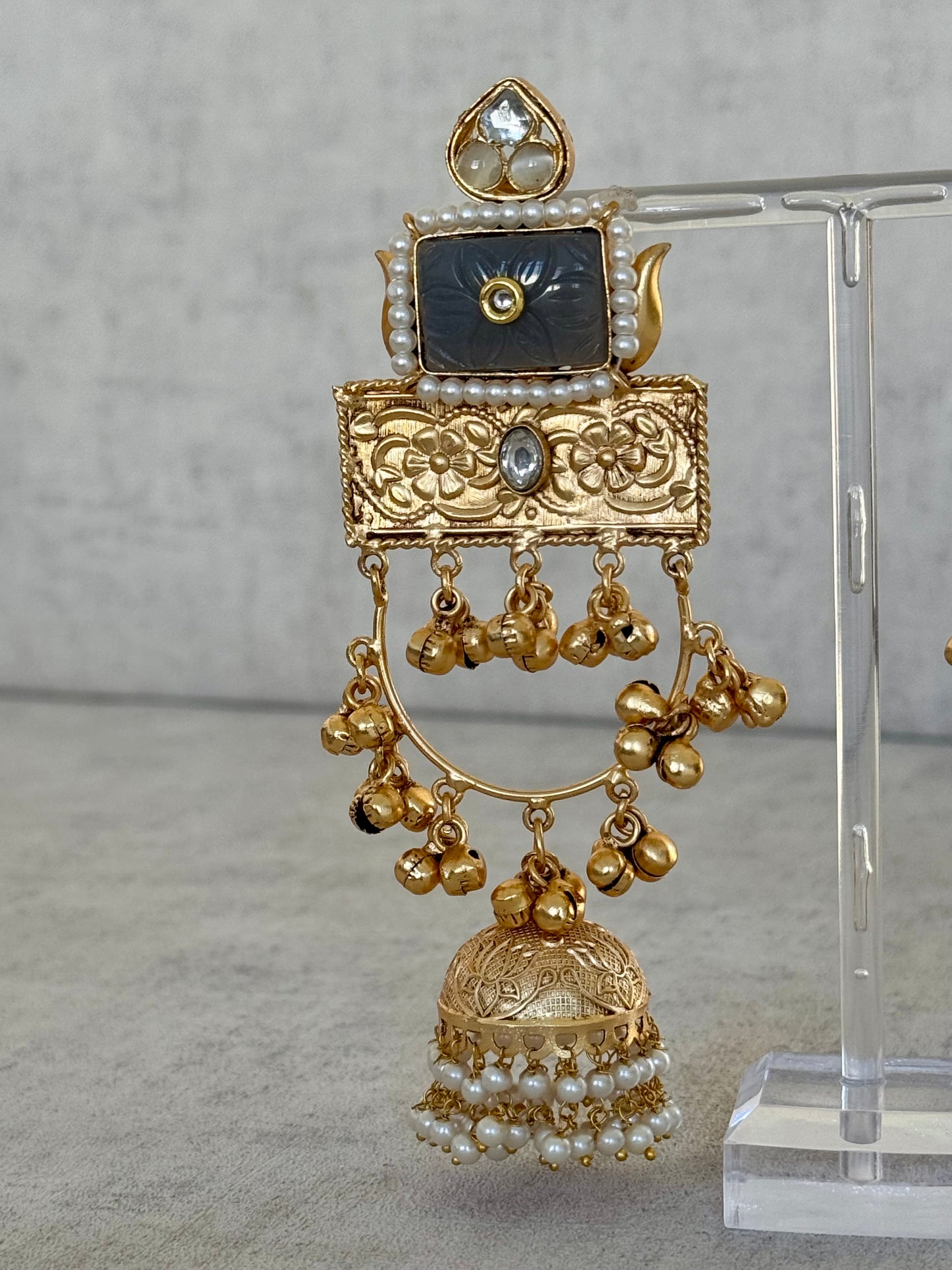 Ayura Designs Bano Earrings – Handcrafted Brass Jhumka Earrings with Carved Grey Stone, Floral Engraving & Pearl Drops