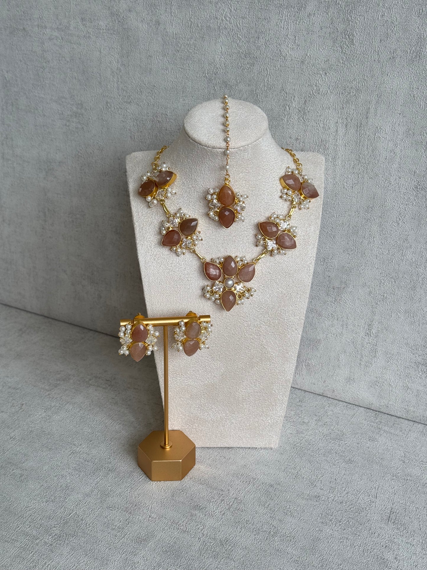 Ayura Designs Solara Set with Tikka & Earrings – Sunstone, Crystals & Pearls