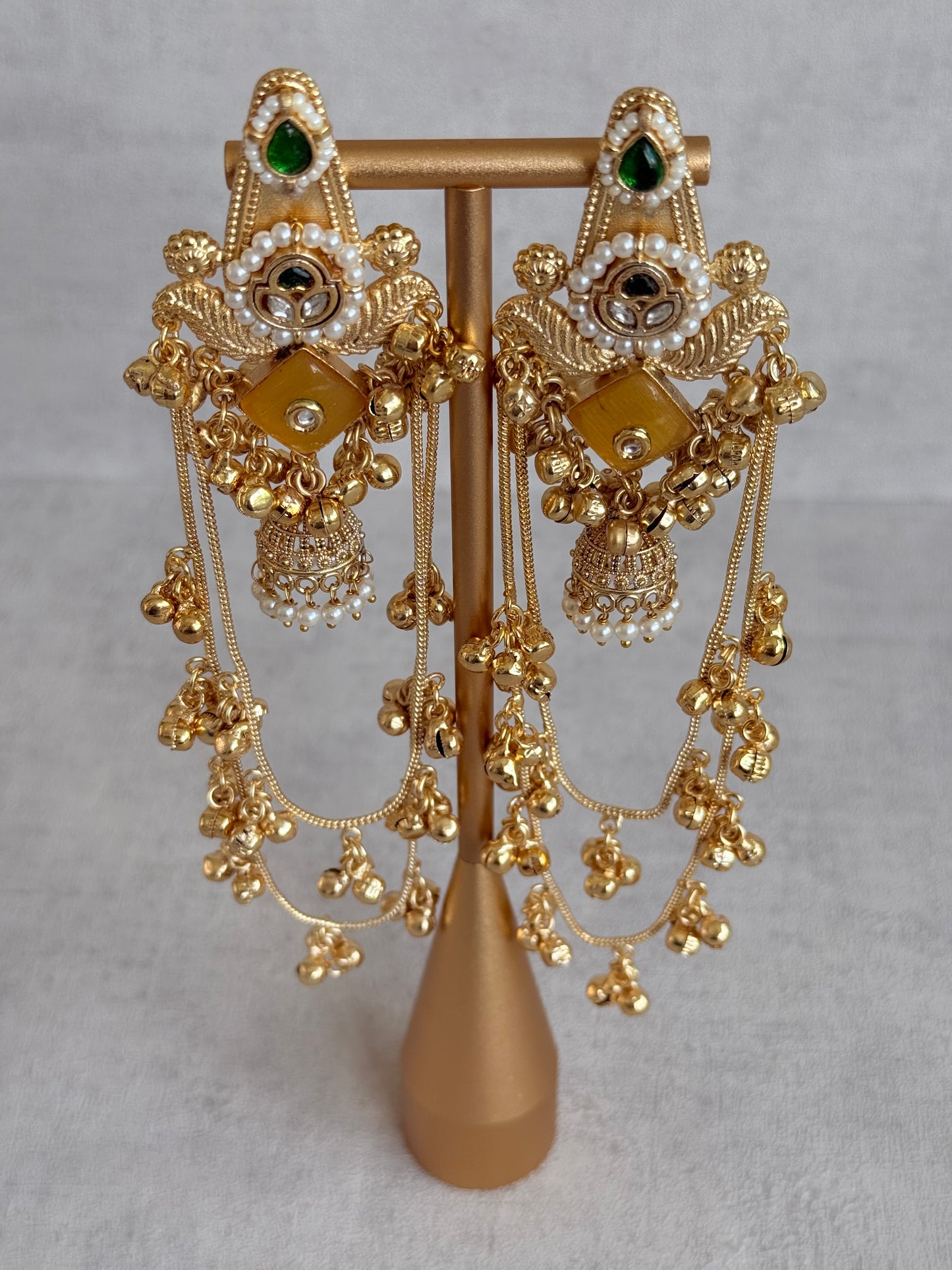 Ayura Designs Simal Earrings – Kashmiri Earrings with Amber Stone, Multicoloured Detailing, Layered Ghungroo Chains & Jhumkis