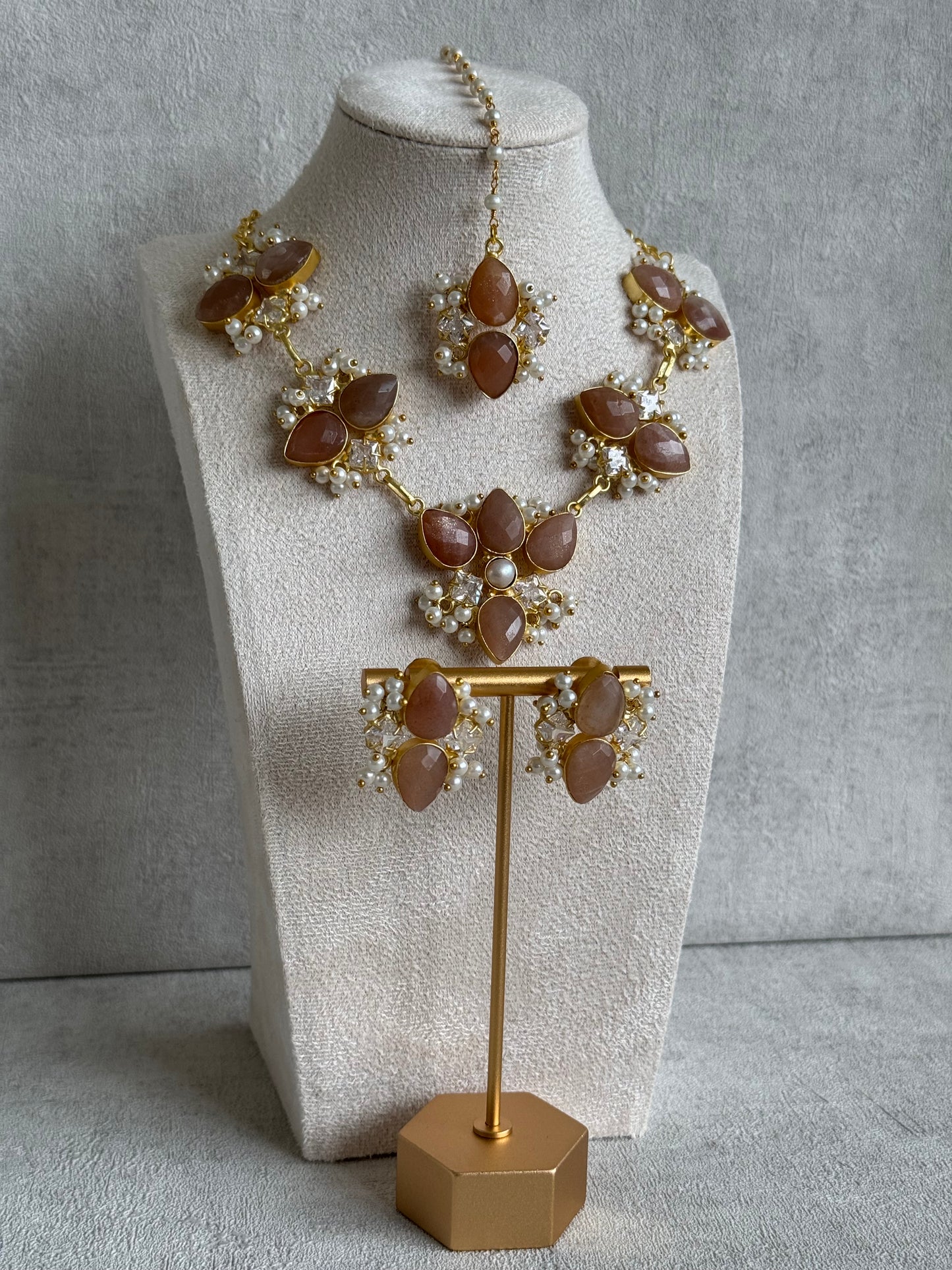 Ayura Designs Solara Set with Tikka & Earrings – Sunstone, Crystals & Pearls