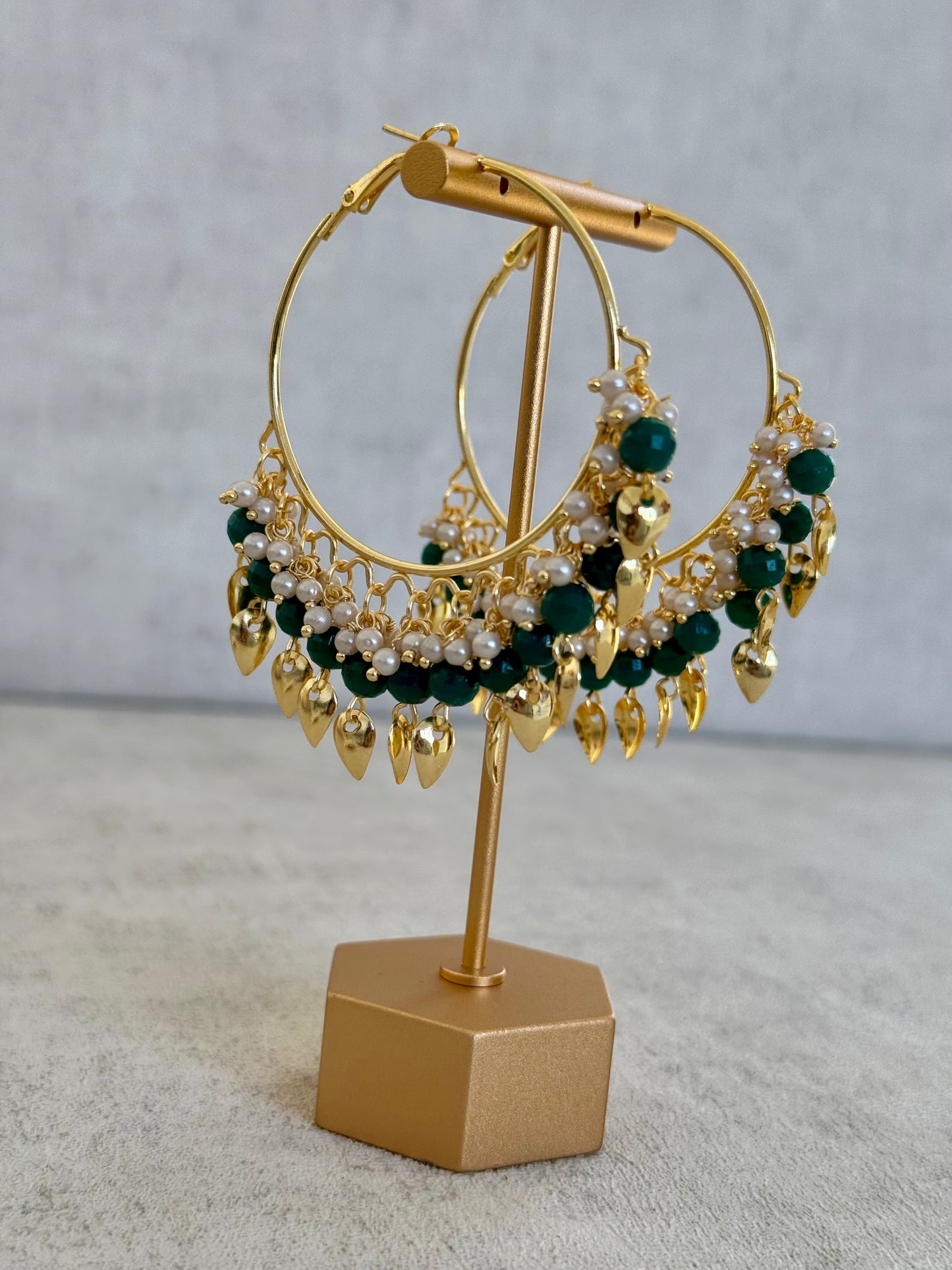 Ayura Designs Riwaaz Bali – Emerald Green Beaded Hoops with Gold Leaf Charms