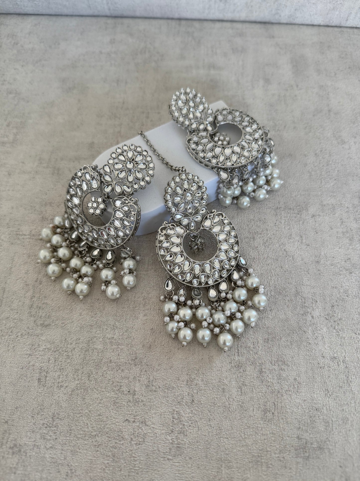 Ayura Designs Roshni Tikka Set - Silver Kundan with Pearl Detailing