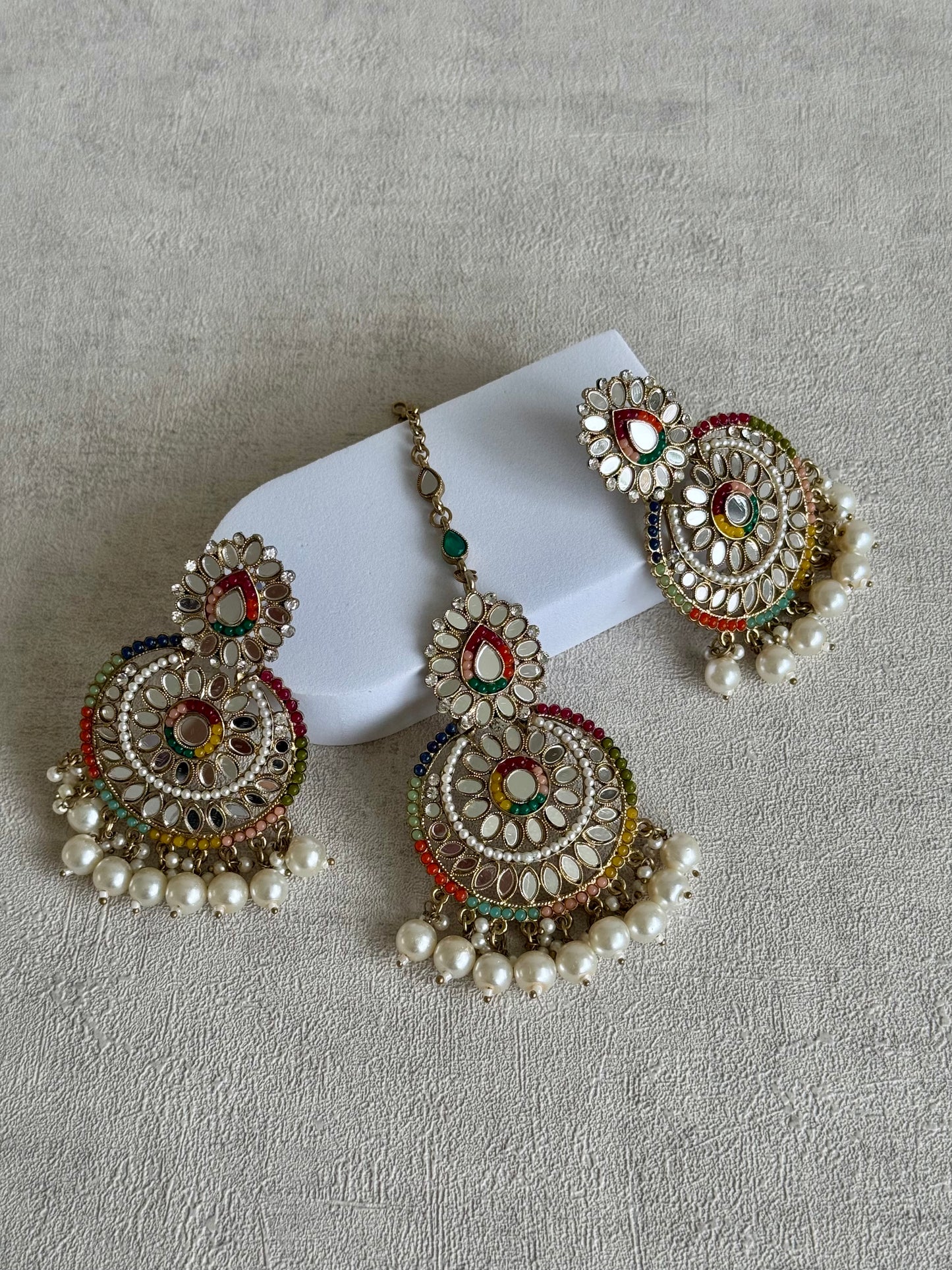 Ayura Designs Dilkash Tikka Set with Earrings – Multicolour Meenakari, Kundan, Mirror Work & Pearls