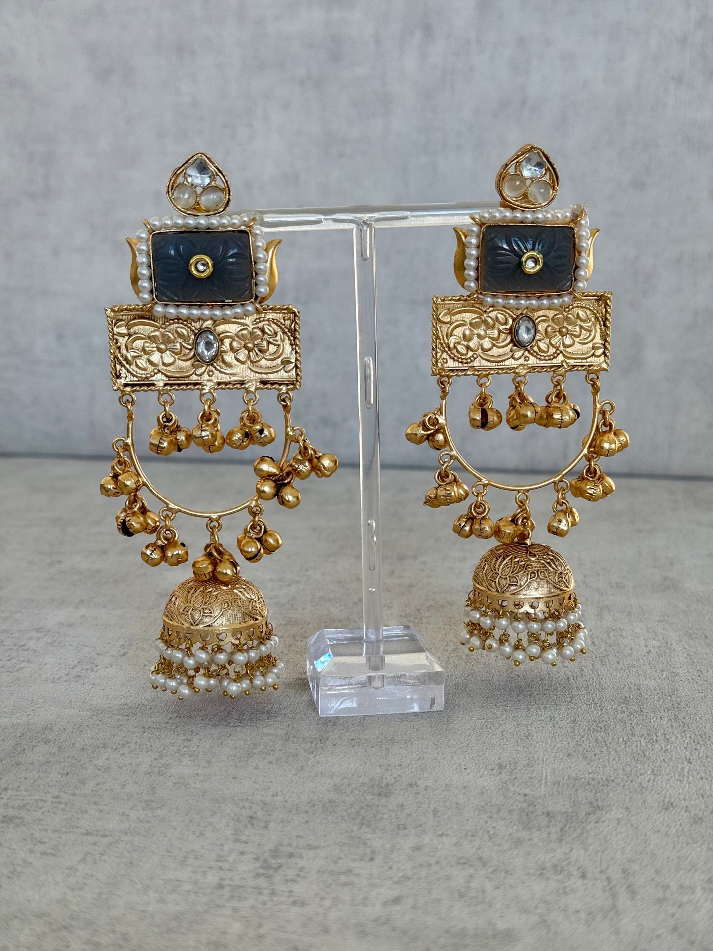 Ayura Designs Bano Earrings – Handcrafted Brass Jhumka Earrings with Carved Grey Stone, Floral Engraving & Pearl Drops