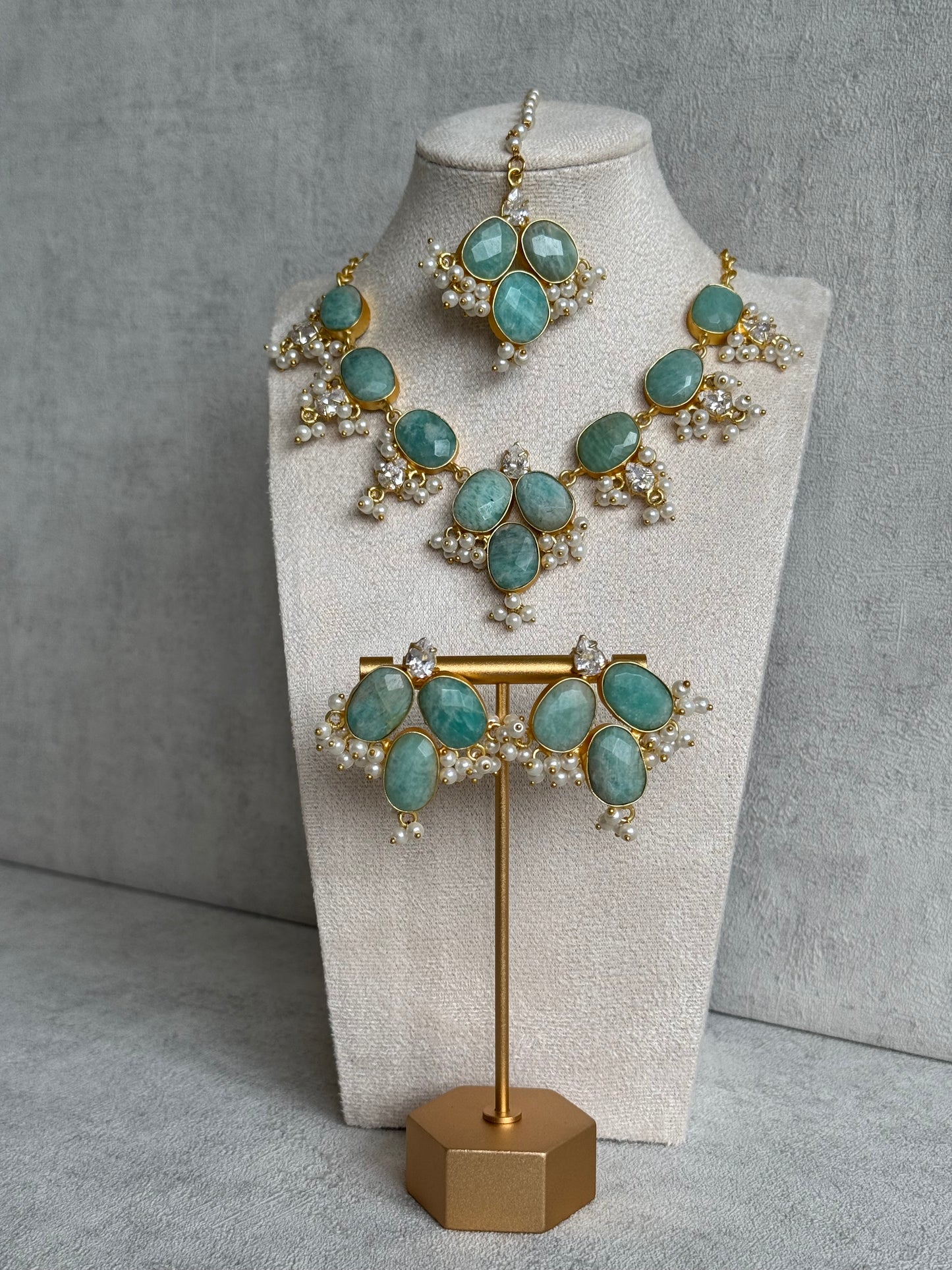 Ayura Designs Anahita Set with Tikka & Earrings – Amazonite, Crystals & Pearls