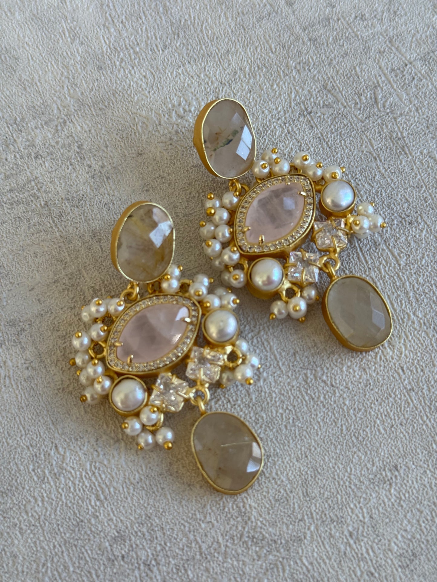 Ayura Designs Aurelia Earrings – Rutilated Quartz, Rose Quartz, Pearls & Crystals