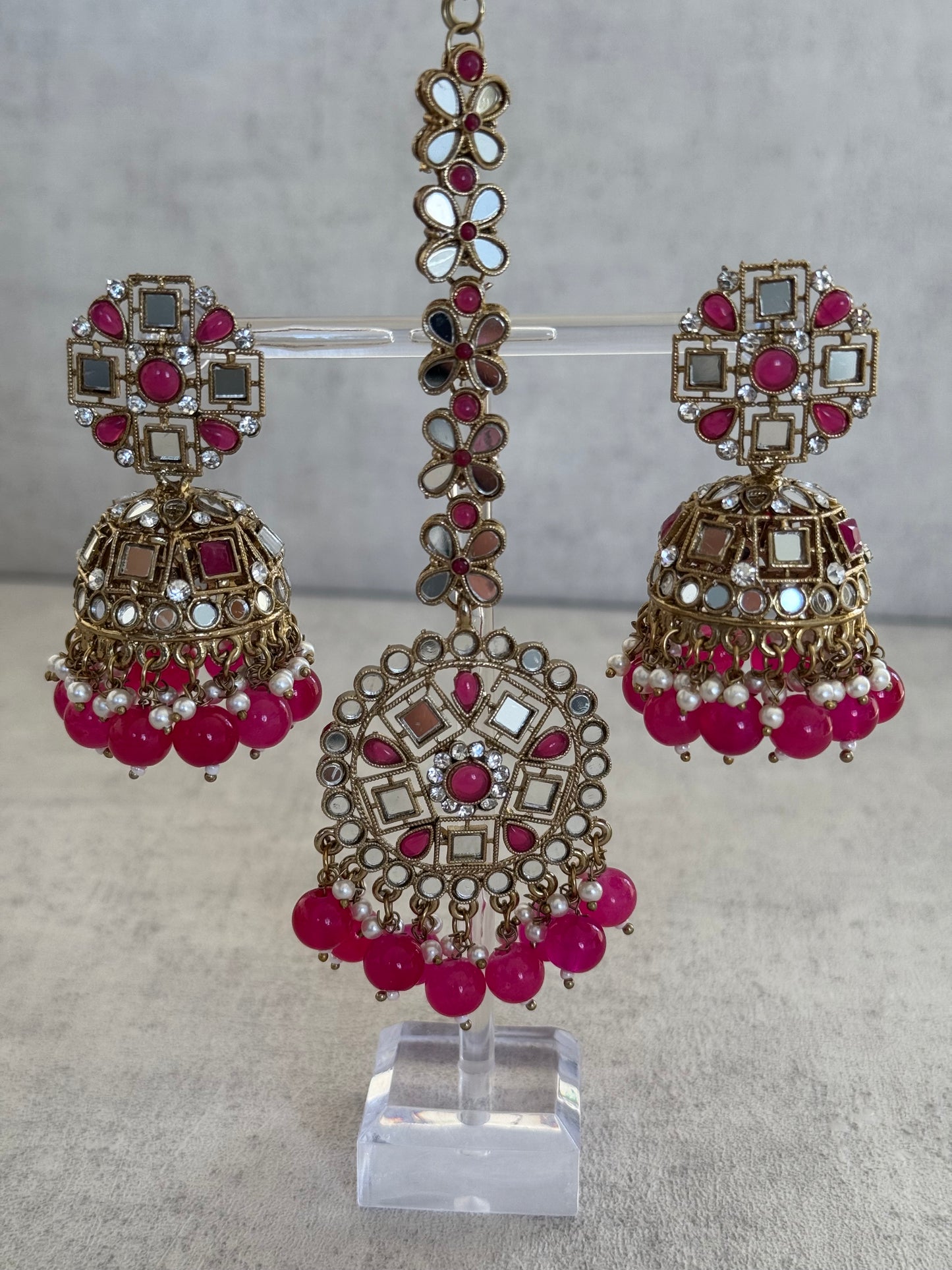 Ayura Designs Heer Tikka Set with Jhumkis – Pink, Mirror & Polki Stonework