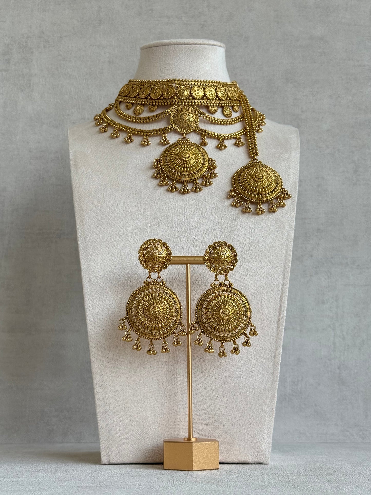Ayura Designs Subha Choker Set with Earrings & Passa – Antique Gold Engraved Medallions, Layered Chains & Ghungroo Drops