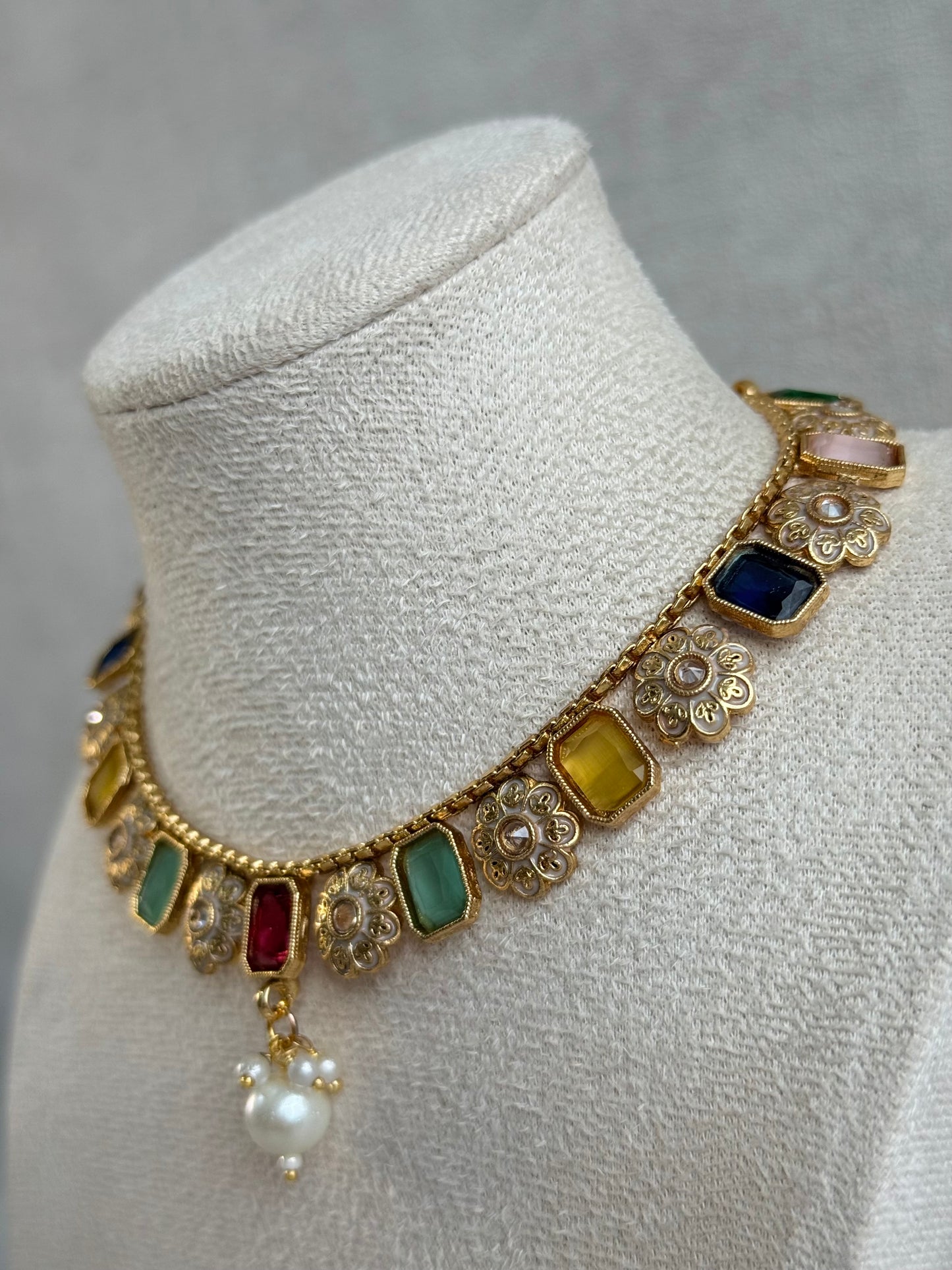 Ayura Designs Padma Necklace Set with Earrings – Multicolour Stones with Pearl Drop Detailing