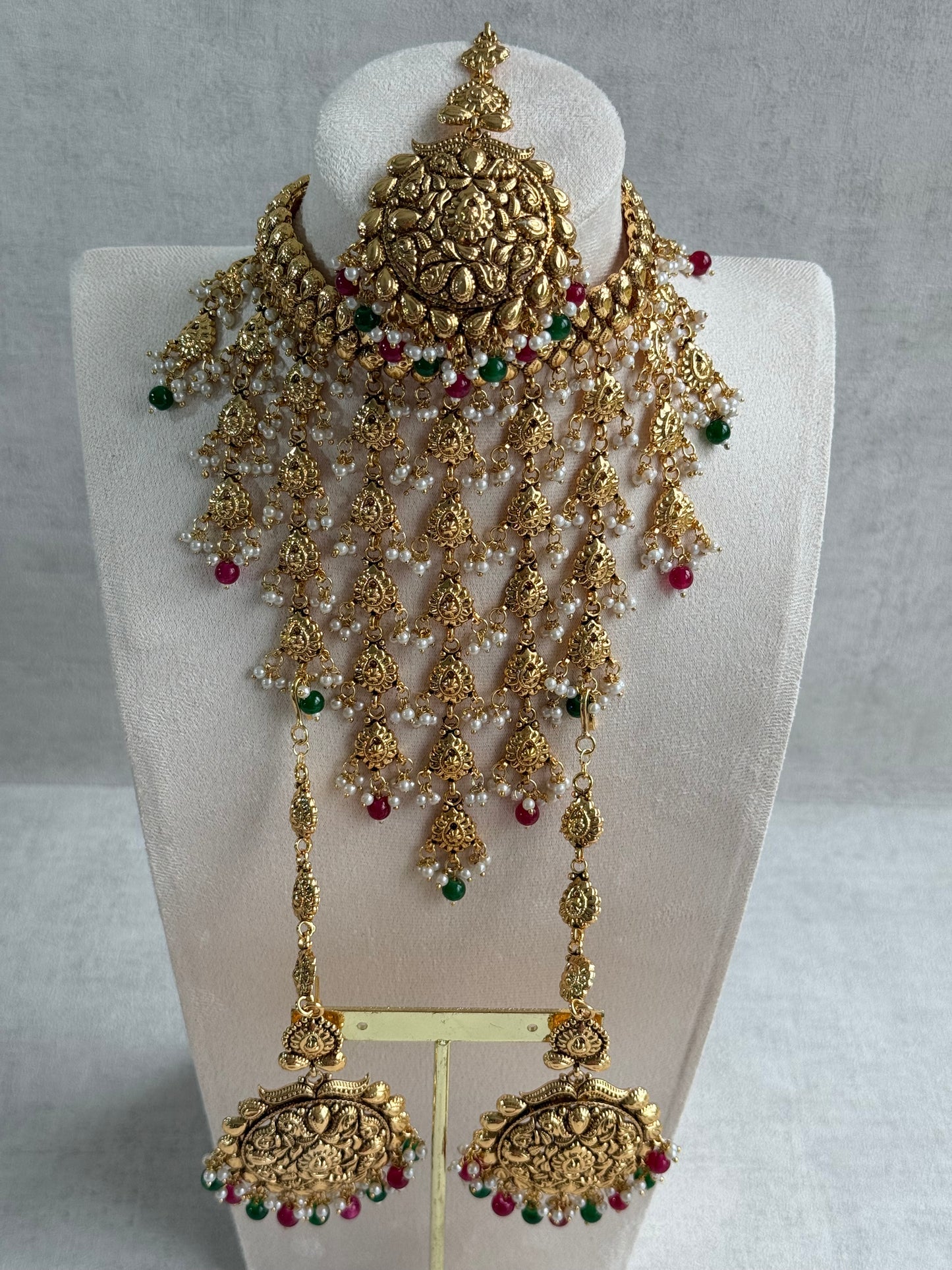 Ayura Designs Karima Choker Set with Sahare Earrings & Tikka – Waterfall Design, Rani Pink & Green Beads, Pearls & Antique Gold Finish