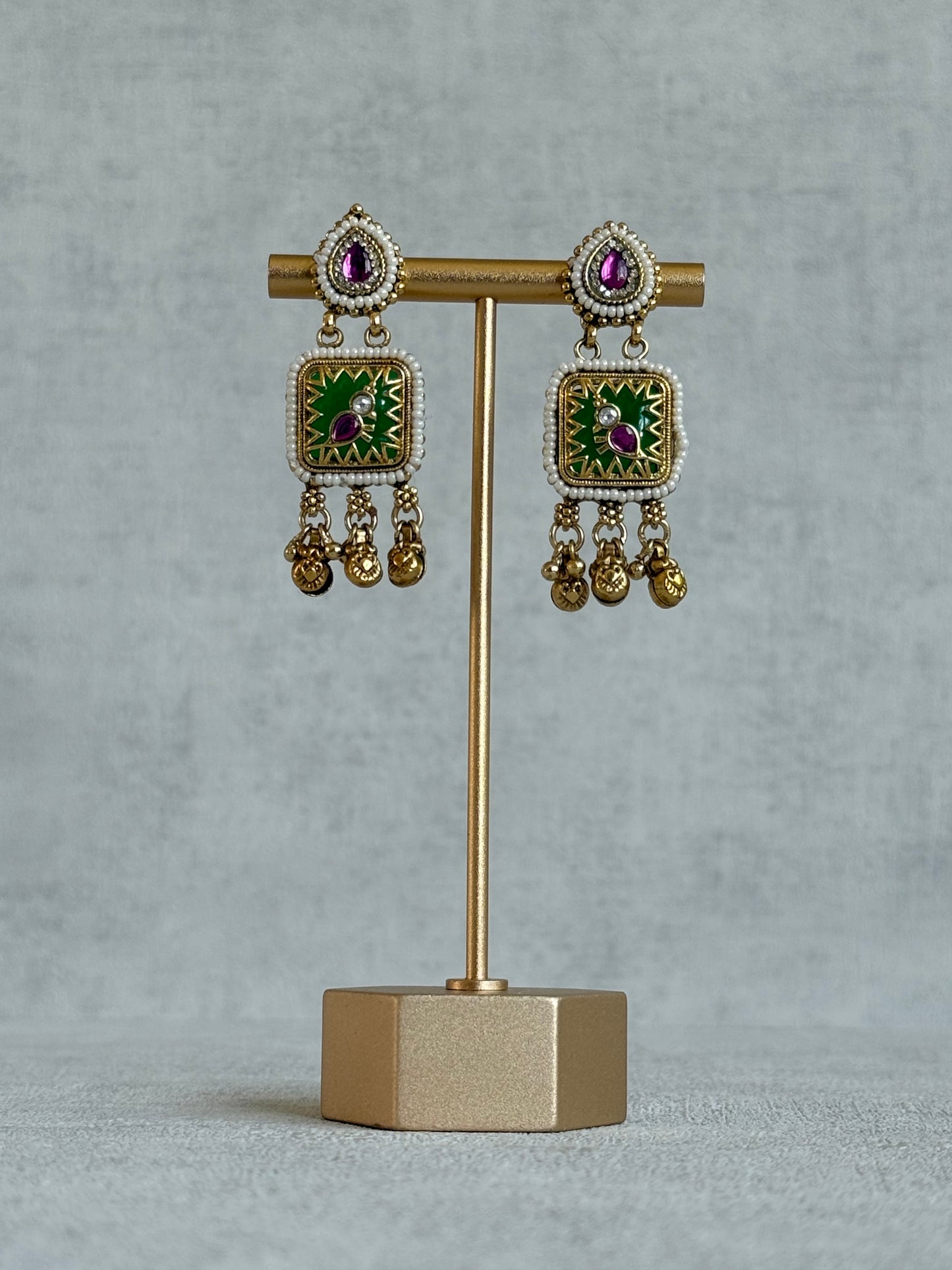 Ayura Designs Inira Drop Earrings – Emerald Green Enamel Bird Earrings with Rani Pink Kundan & Ghungroo Drops