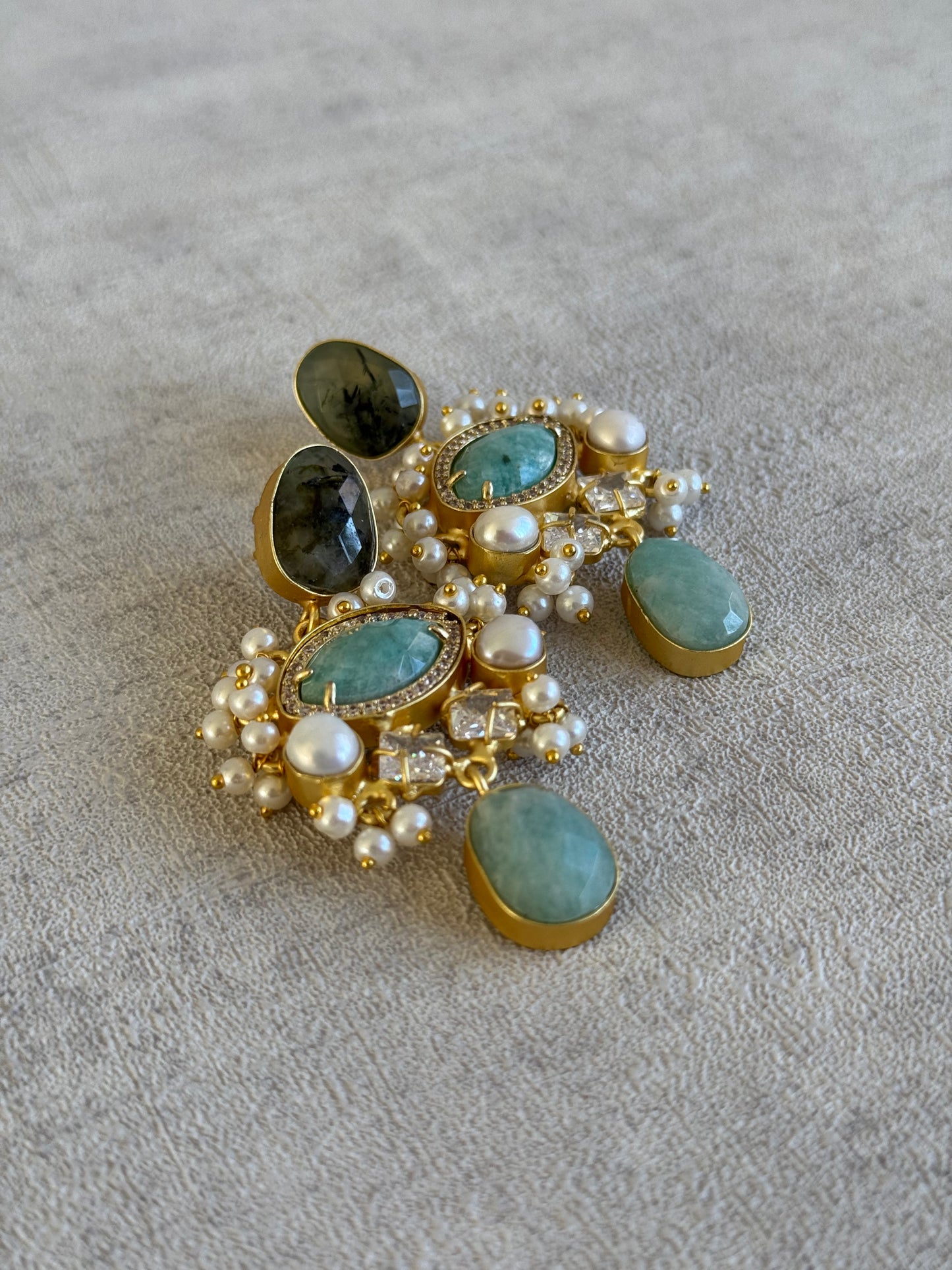 Ayura Designs Aurelia Earrings – Amazonite, Dark Quartz, Pearls & Crystals