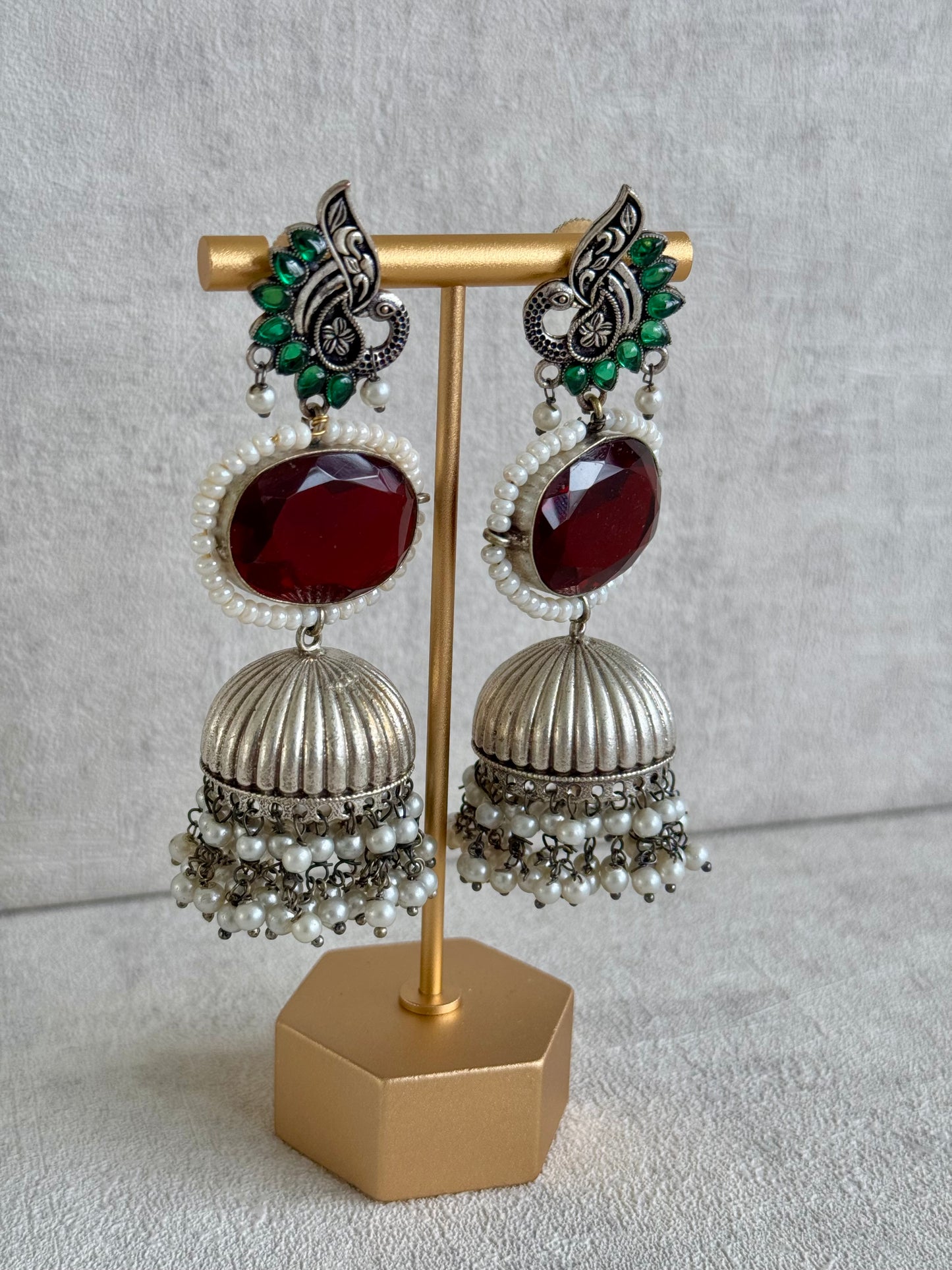 Ayura Designs Rhea Earrings – Ruby Red Stone, Green Enamel, Peacock Motif & Pearl Dome Drops