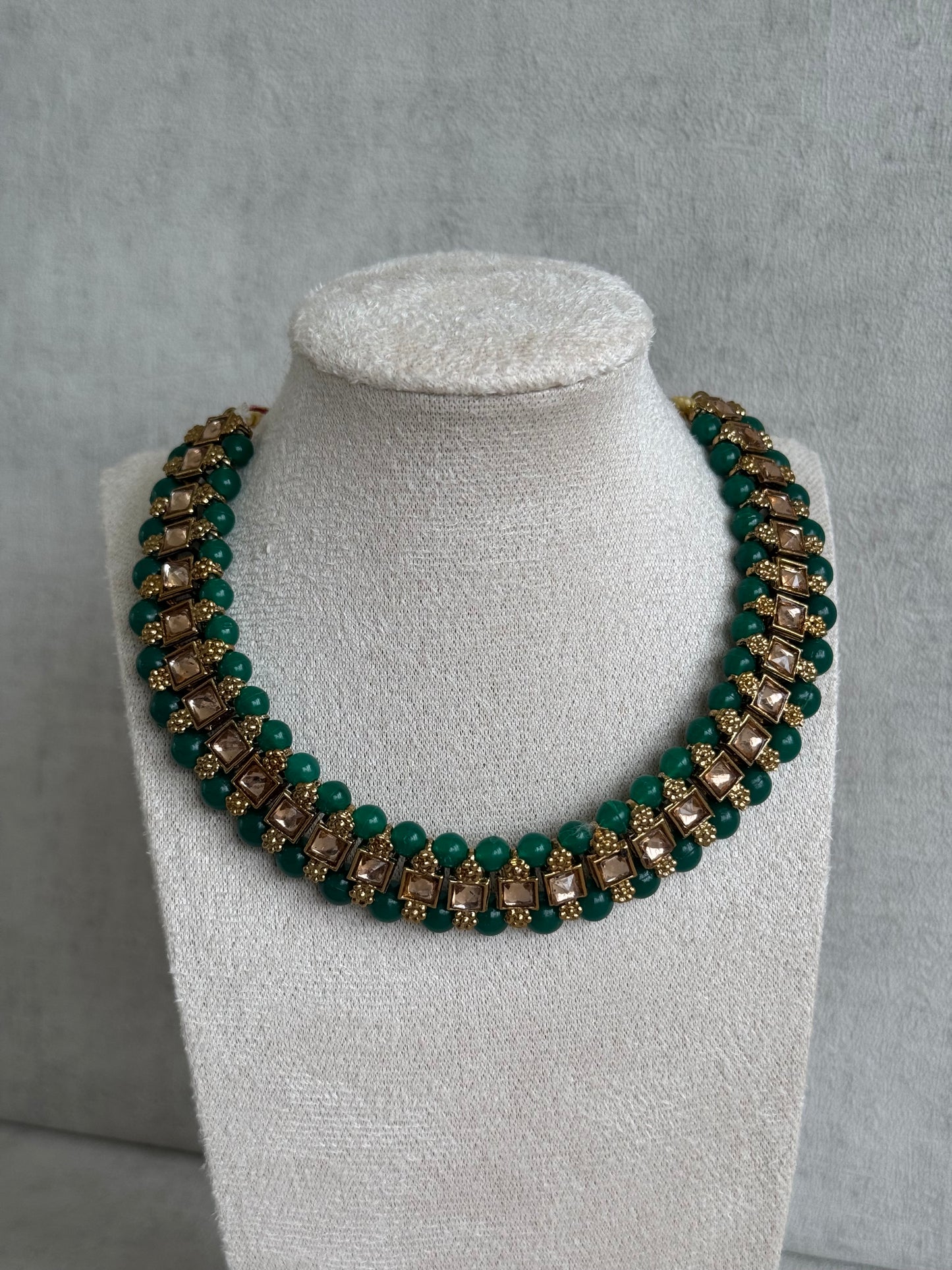 Ayura Designs Hala Set with Tikka & Studs – Emerald Green Beads & Champagne Kundan