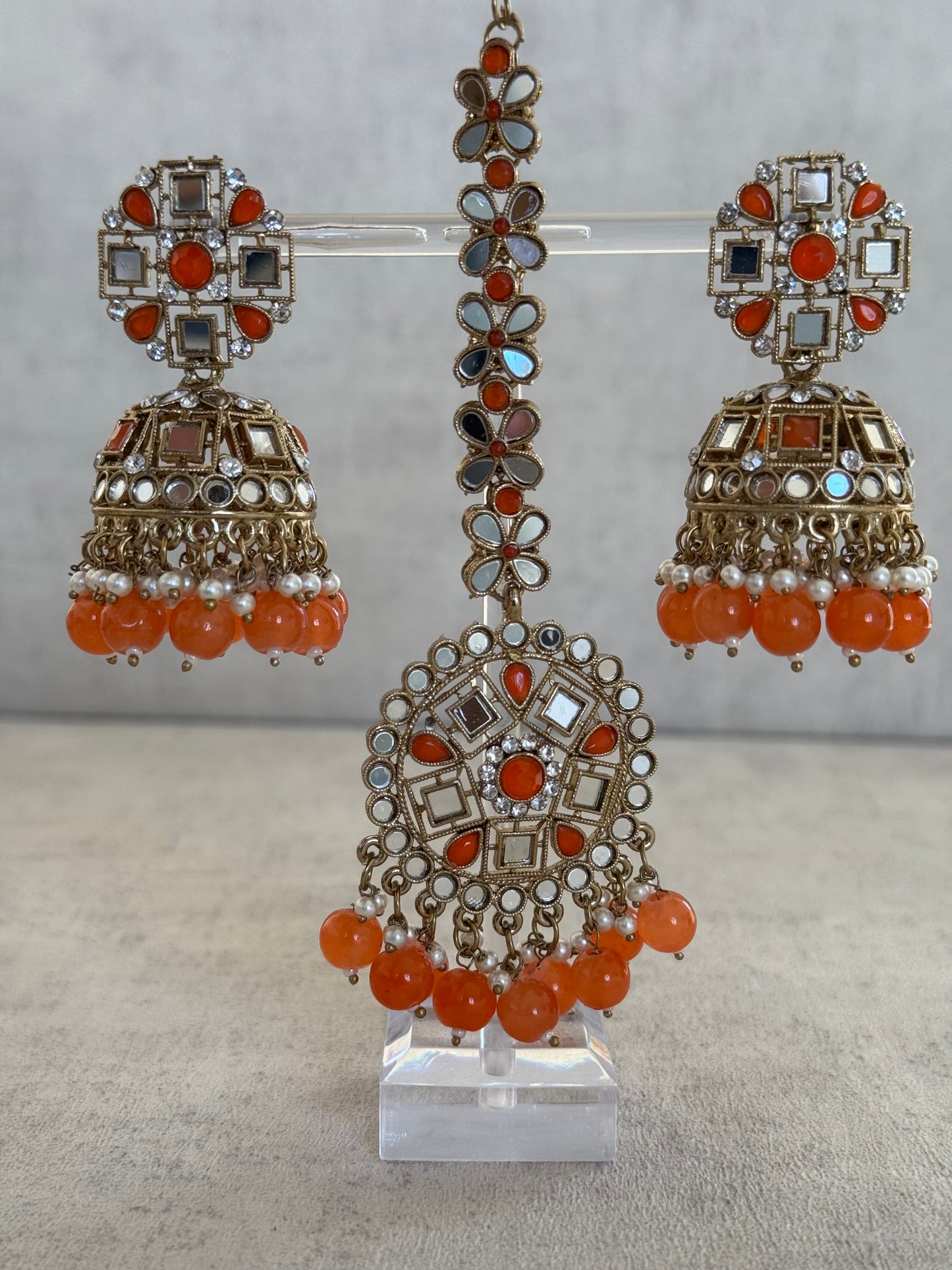 Ayura Designs Heer Tikka Set with Jhumkis – Carnelian Orange, Mirror & Polki Stonework