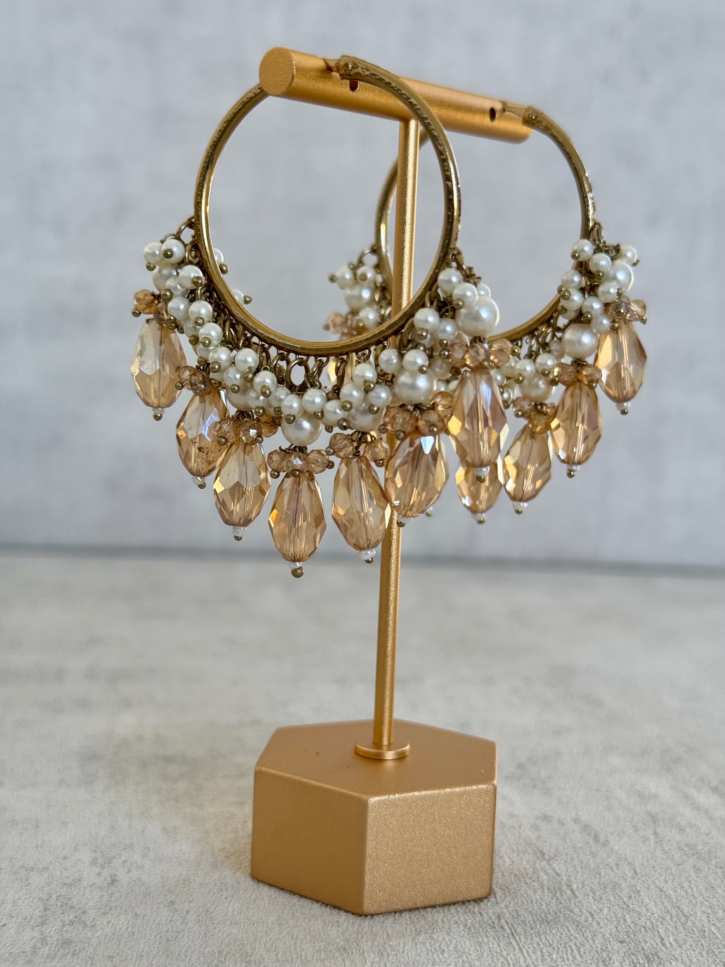 Ayura Designs Jhanak Balis – Champagne Crystal & Pearl Hoops