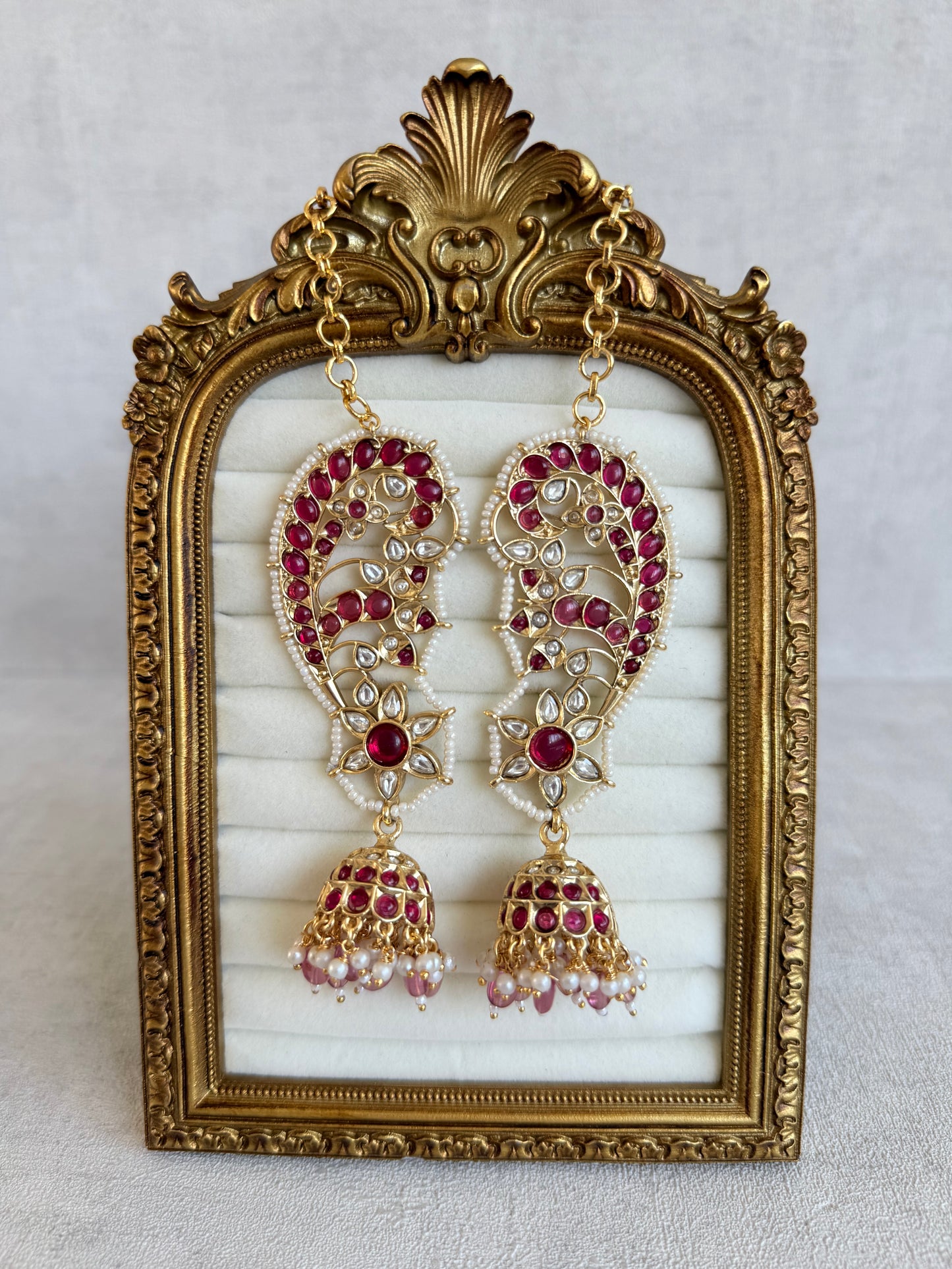 Ayura Designs Urisha Ear Climber Jhumkis – Ruby Pink, Kundan & Pearl Detailing