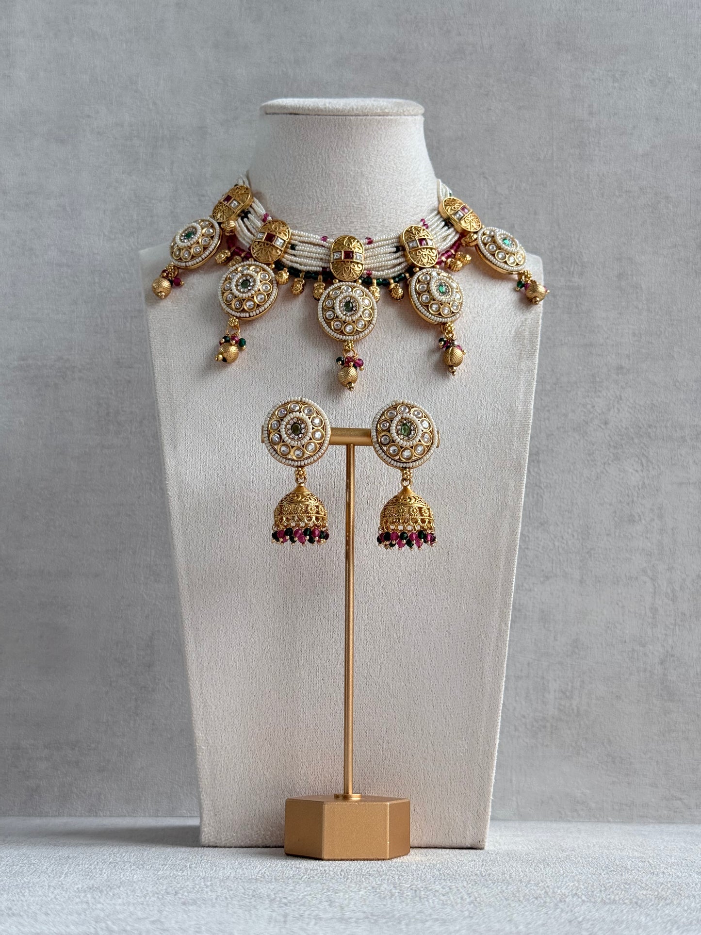 Ayura Designs Kesar Necklace Set with Jhumkis – Multi-Strand Pearl Design, Kundan, Rani Pink & Green Stones & Gold Finish