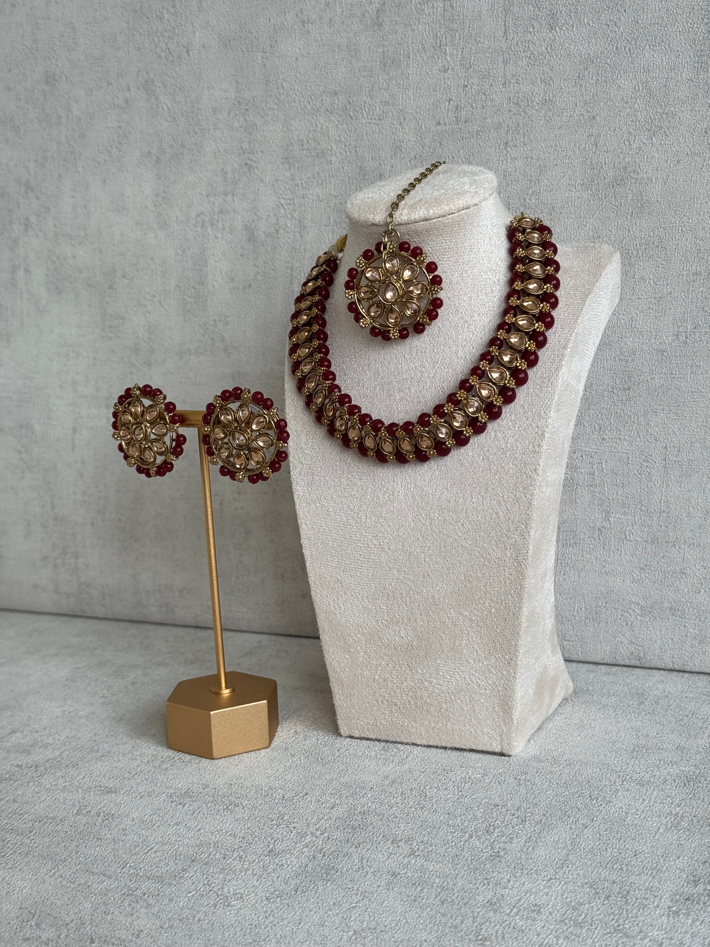 Ayura Designs Hala Set with Tikka & Studs – Maroon Beads & Champagne Kundan