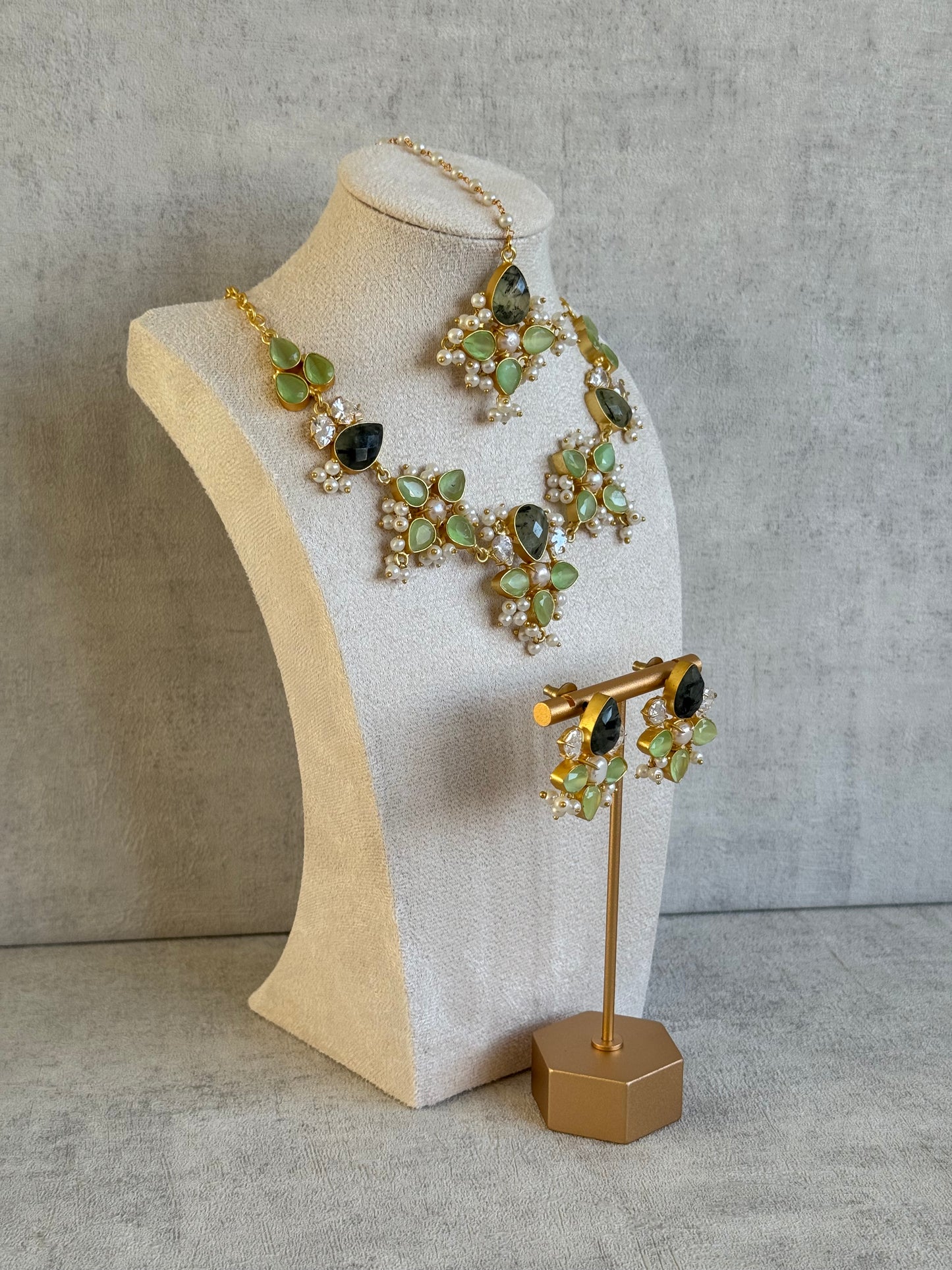 Ayura Designs Zaria Set with Tikka & Earrings – Prehnite, Dark Quartz, Pearls & Crystals