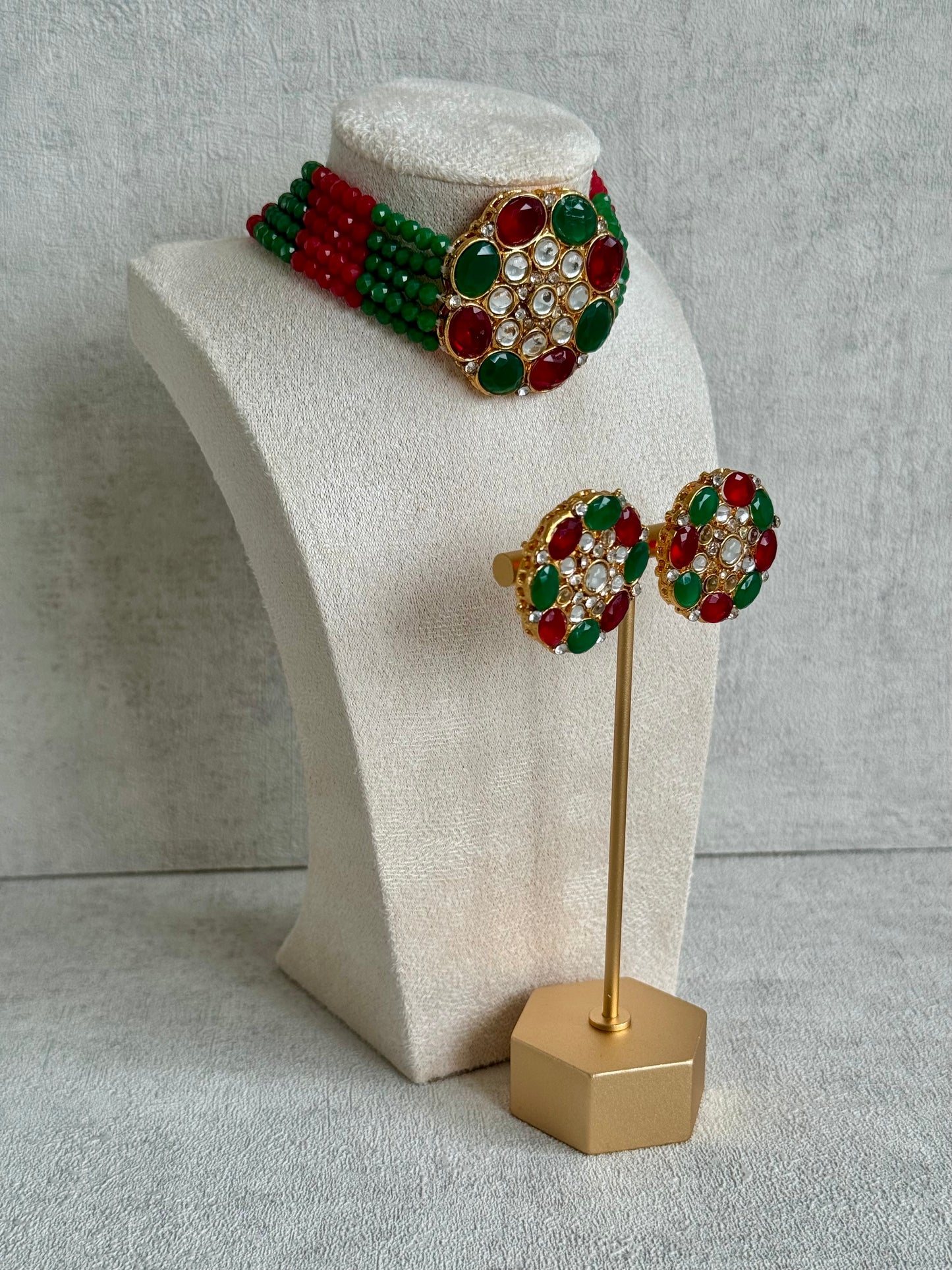 Ayura Designs Yasmin Kundan Choker Set with Studs – Ruby Red & Emerald Green Beads with Mirror-Cut Stones