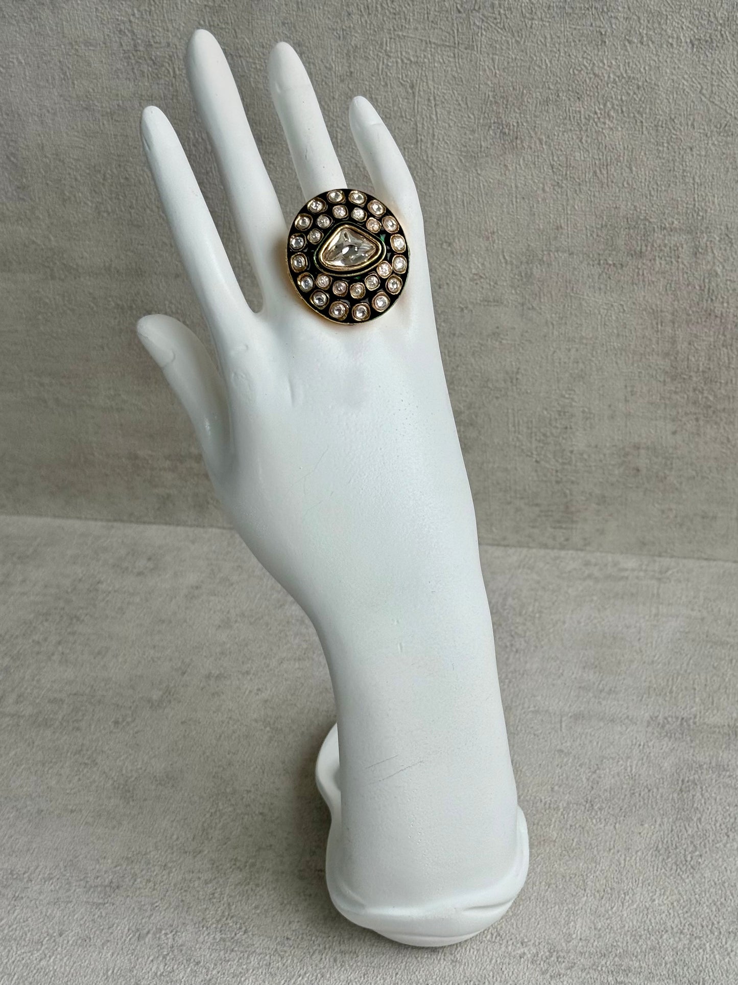 Ayura Designs Firdos Adjustable Ring – Mirror-Cut Stone Statement Ring with Green Enamel
