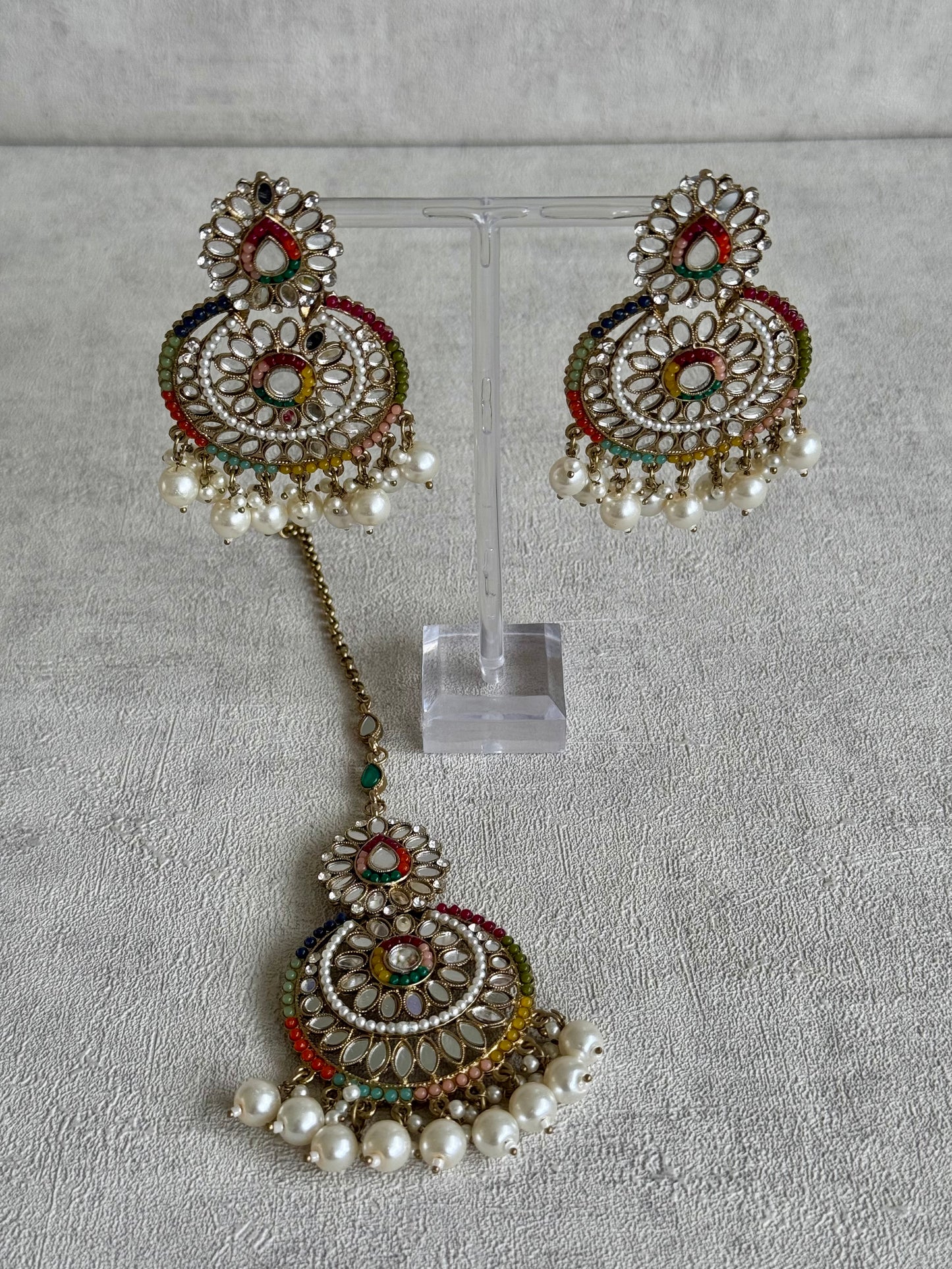 Ayura Designs Dilkash Tikka Set with Earrings – Multicolour Meenakari, Kundan, Mirror Work & Pearls