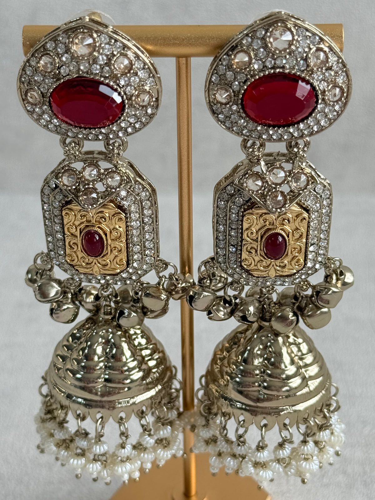 Ayura Designs Maara Jhumkis – Champagne Gold with Ruby Red Stones, Crystals, Ghungroos & Pearl Detailing