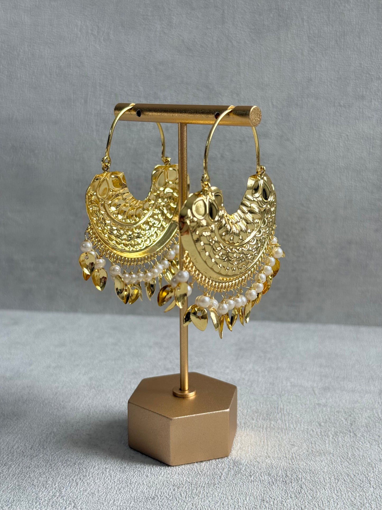 Ayura Designs Surkhab Balis – Pippal Patti Statement Earrings with Pearls & Gold Leaf Charms