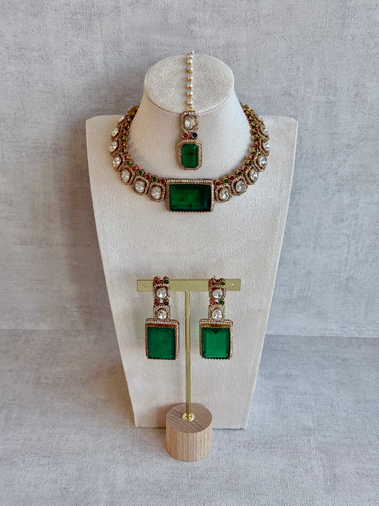 Ayura Designs Clara Set with Earrings & Tikka Emerald Green Moissanite Stones and Antique Gold Finish