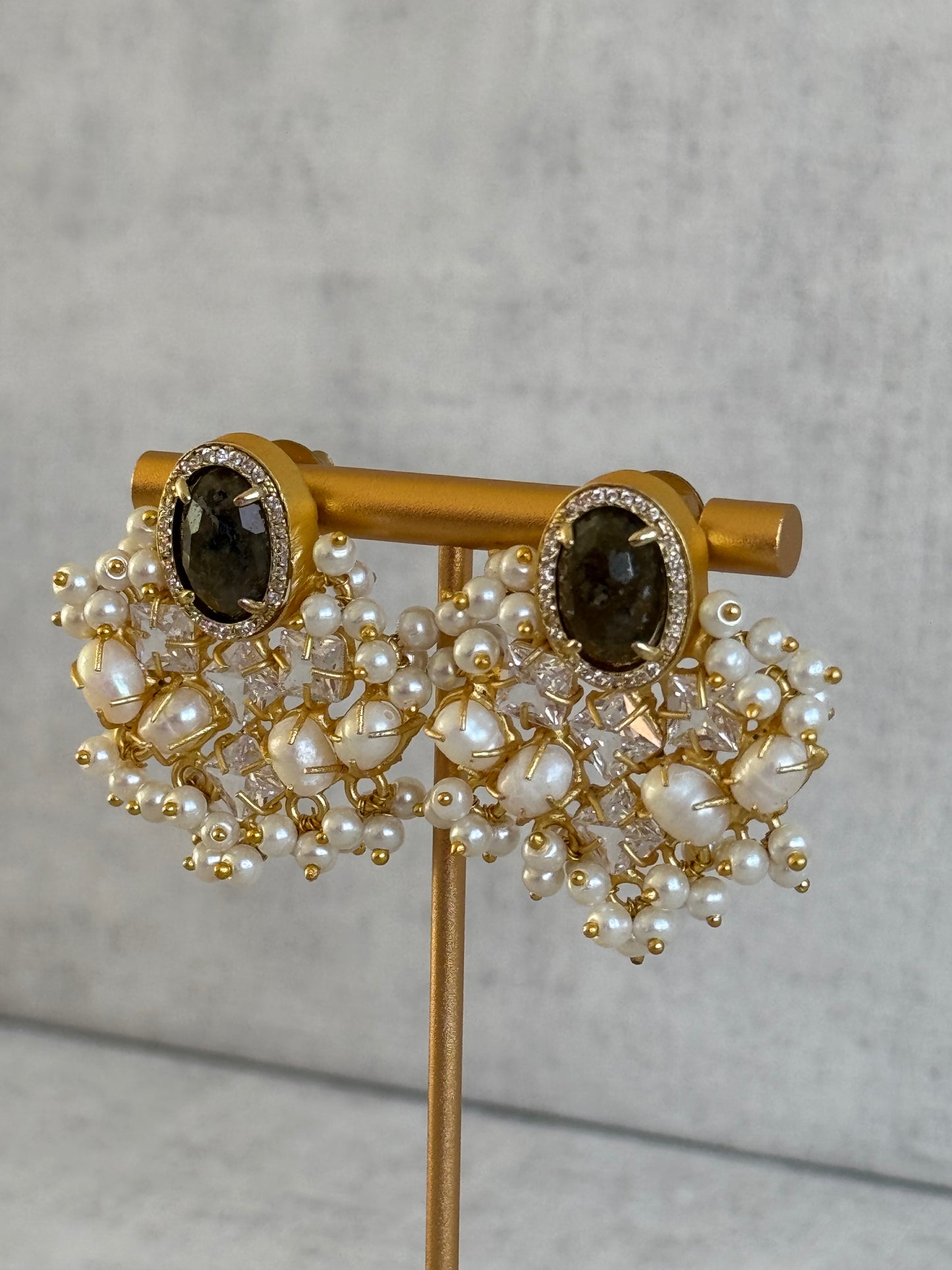 Ayura Designs Celeste Earrings – Dark Quartz, Baroque Pearls & Crystals