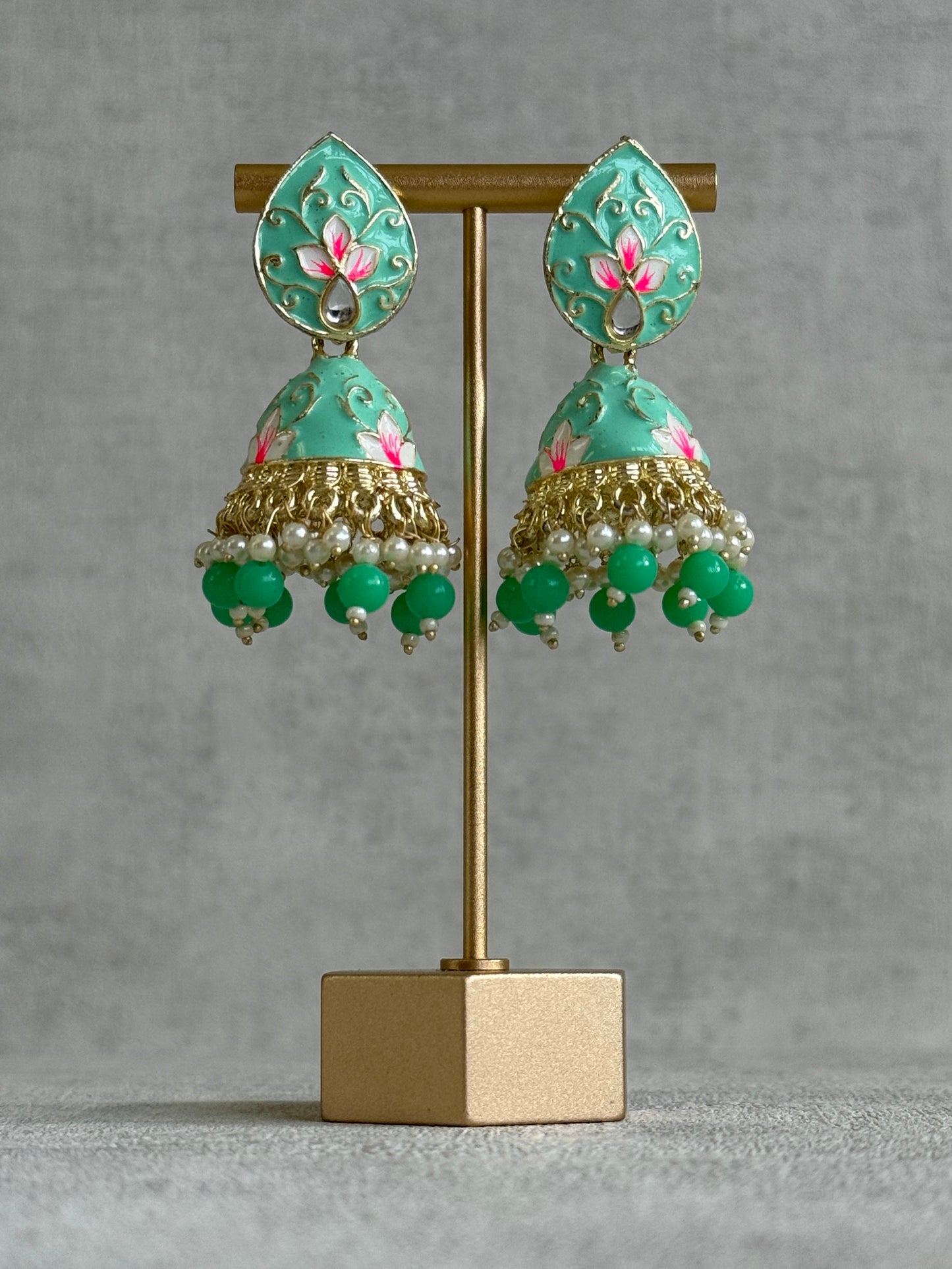 Ayura Designs Gia Jhumkis – Mint Green Meenakari with Pink Lotus Motifs & Ivory Pearl Drops