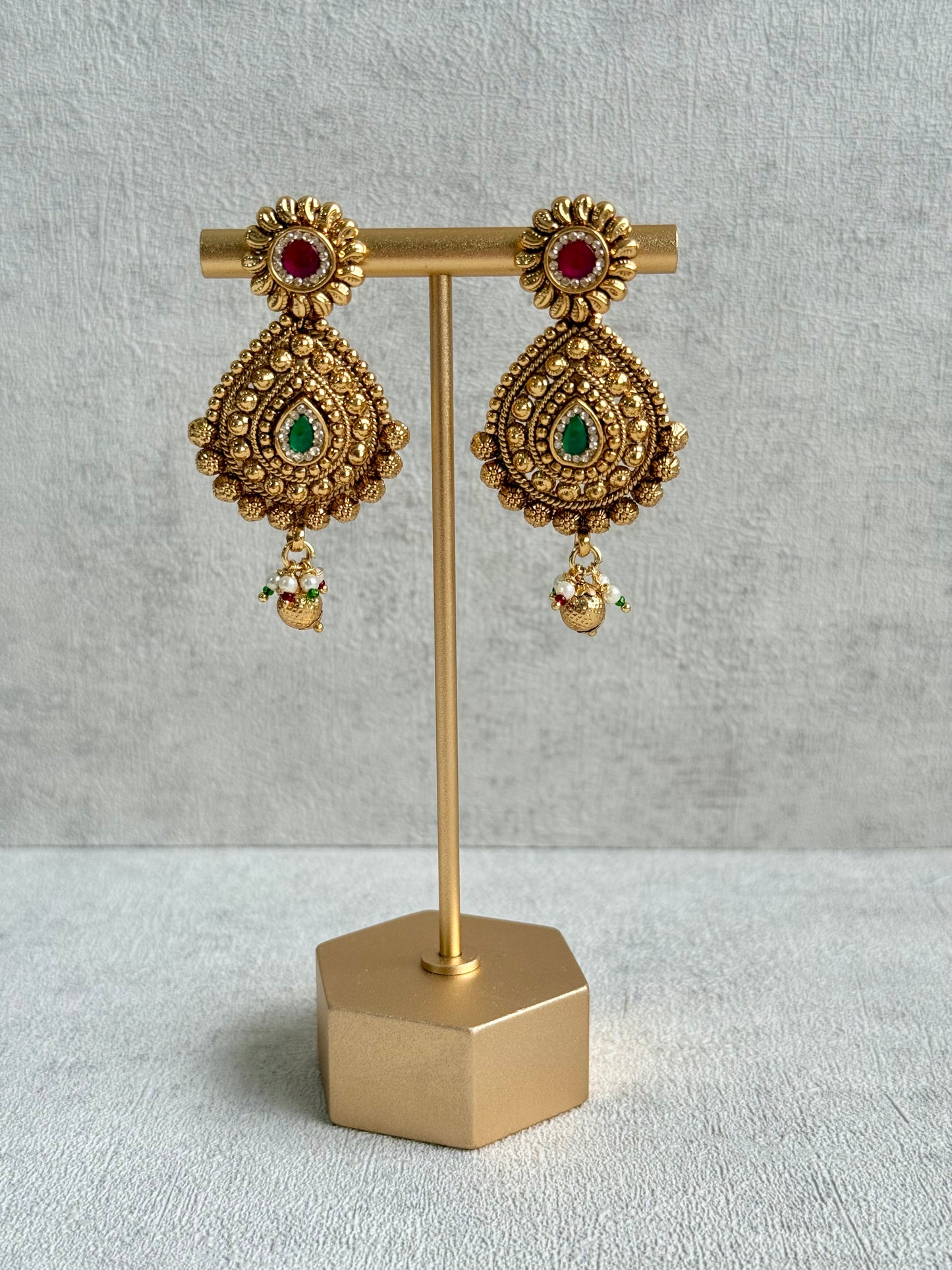 Ayura Designs Ayma Necklace Set with Earrings – Antique Gold Finish with Ruby Pink, Emerald Green & Crystal Detailing