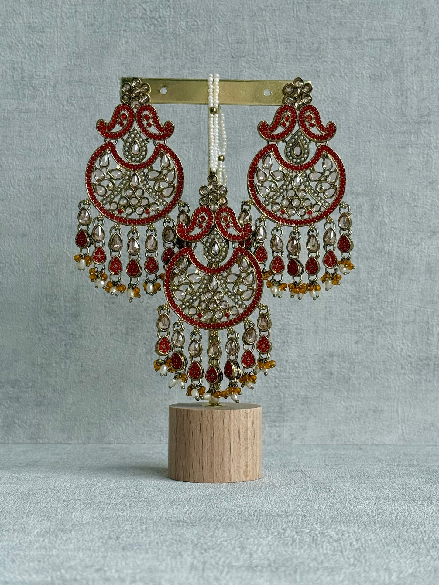 Ayura Designs Anvi Tikka Set with Earrings – Orange with Champagne Stones & Pearl Drops