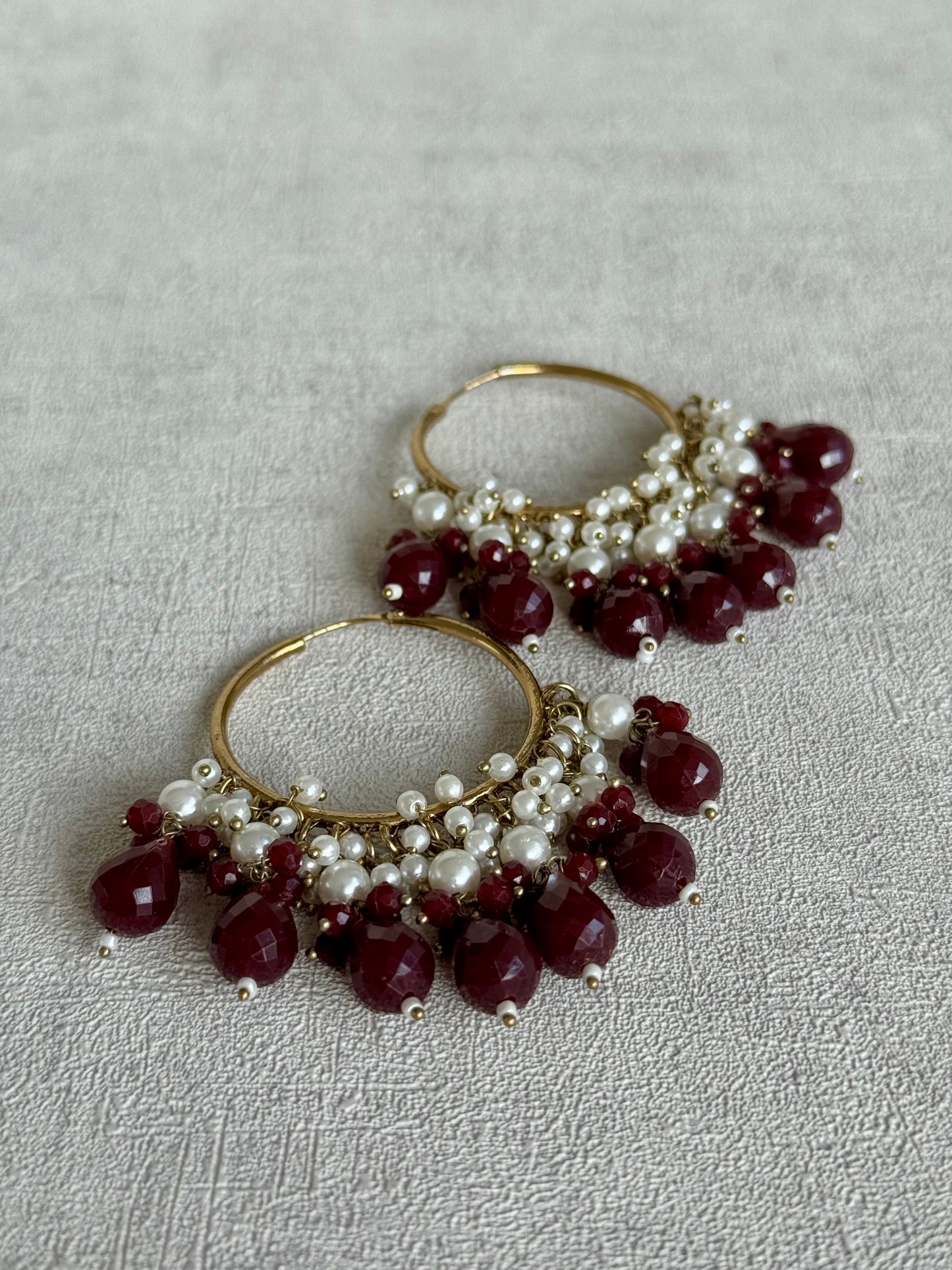 Ayura Designs Jhanak Balis – Pearl Hoops with Wine-Coloured Beads