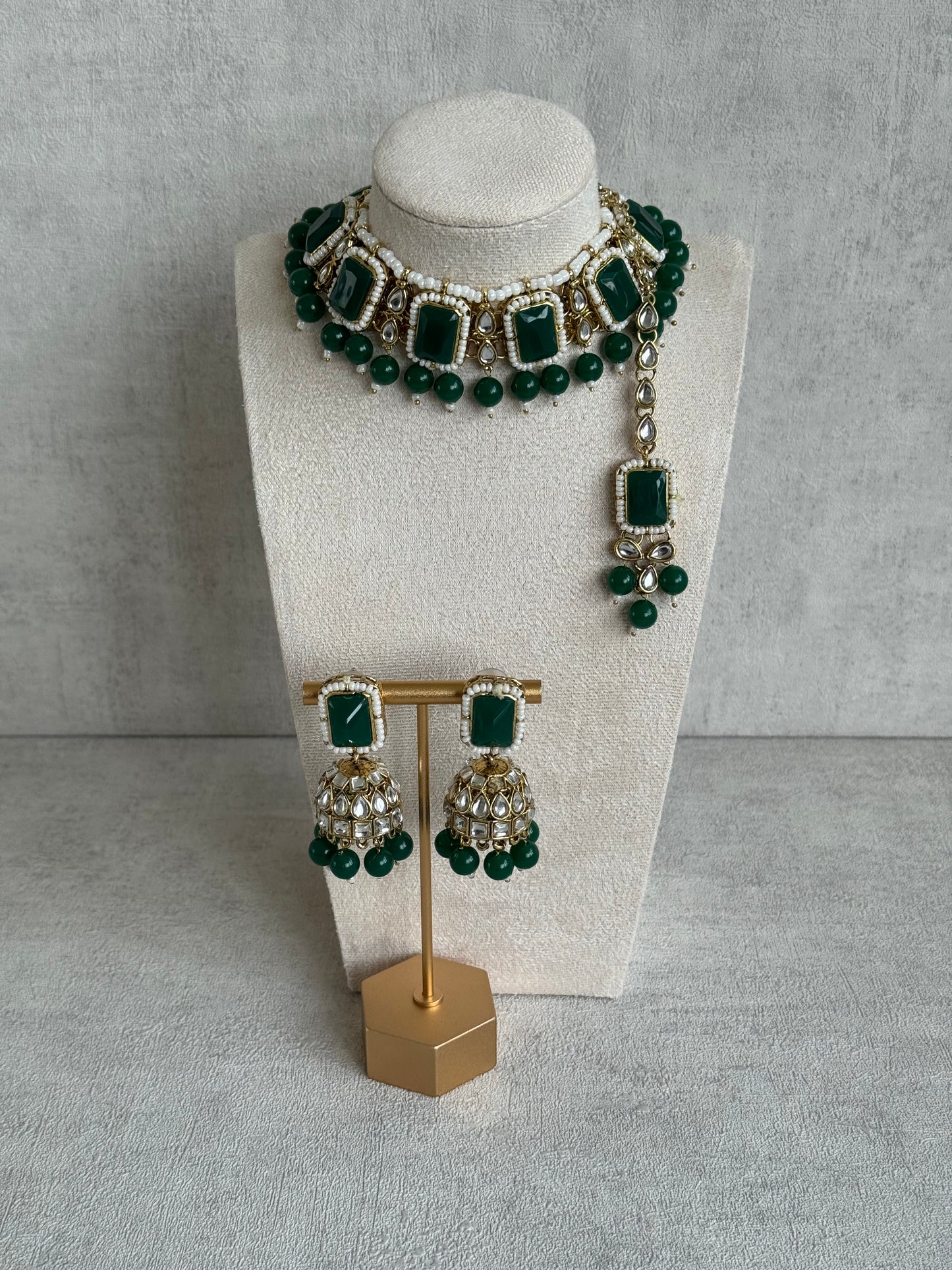 Ayura Designs Samaya Set with Jhumkis & Tikka – Emerald Green Stones, Kundan Detailing & Gold Finish