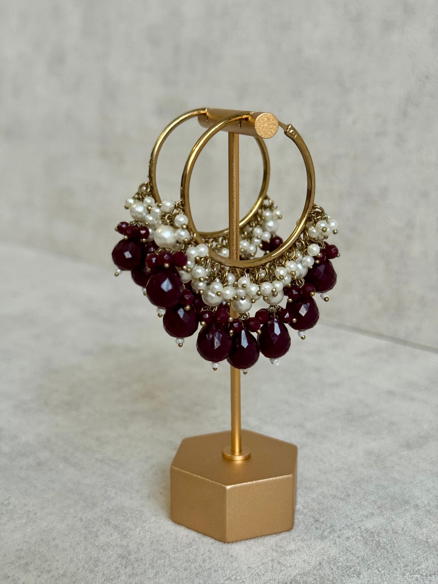 Ayura Designs Jhanak Balis – Pearl Hoops with Wine-Coloured Beads