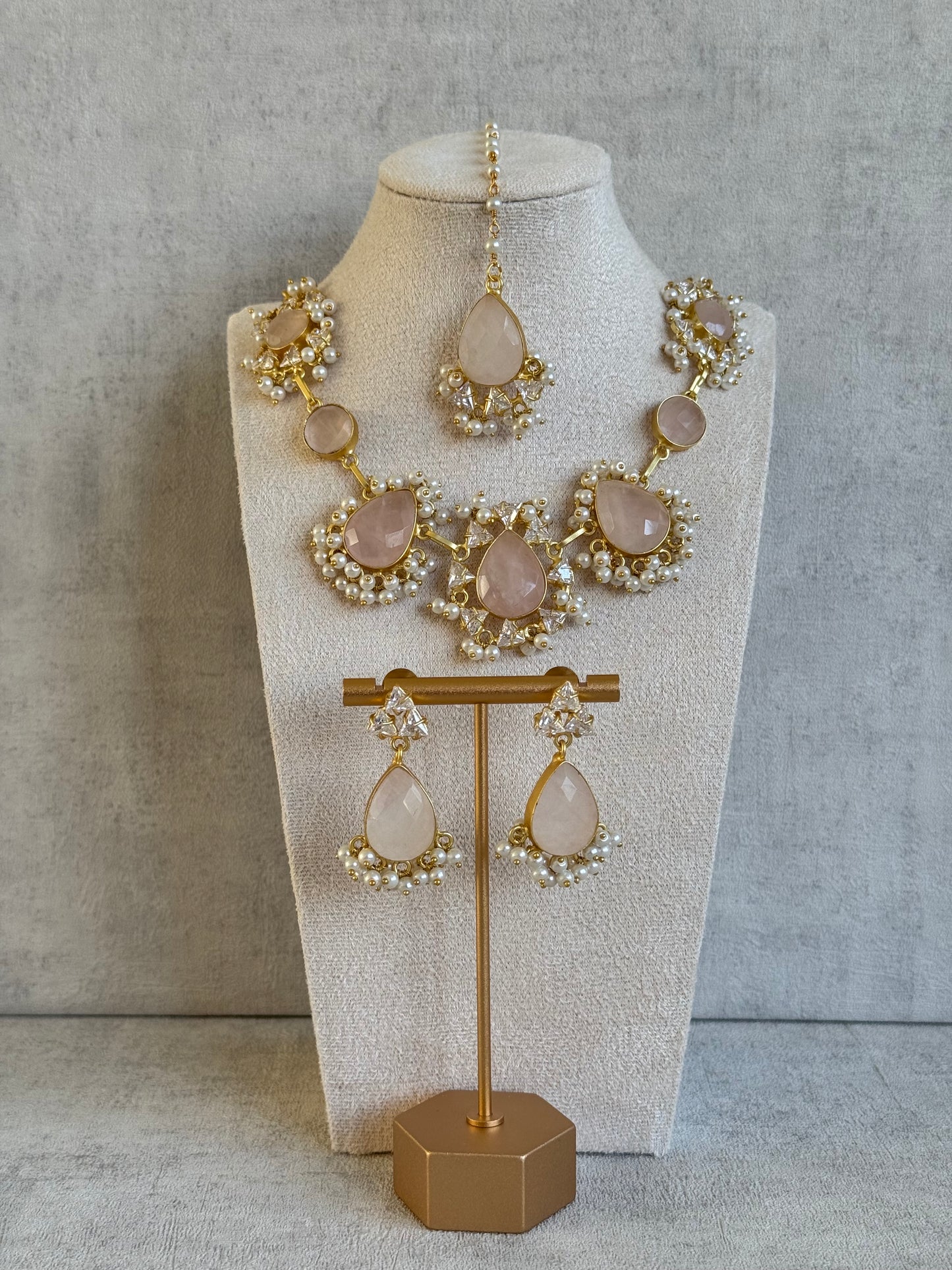 Ayura Designs Rosa Set with Tikka & Earrings – Rose Quartz, Crystals & Pearls