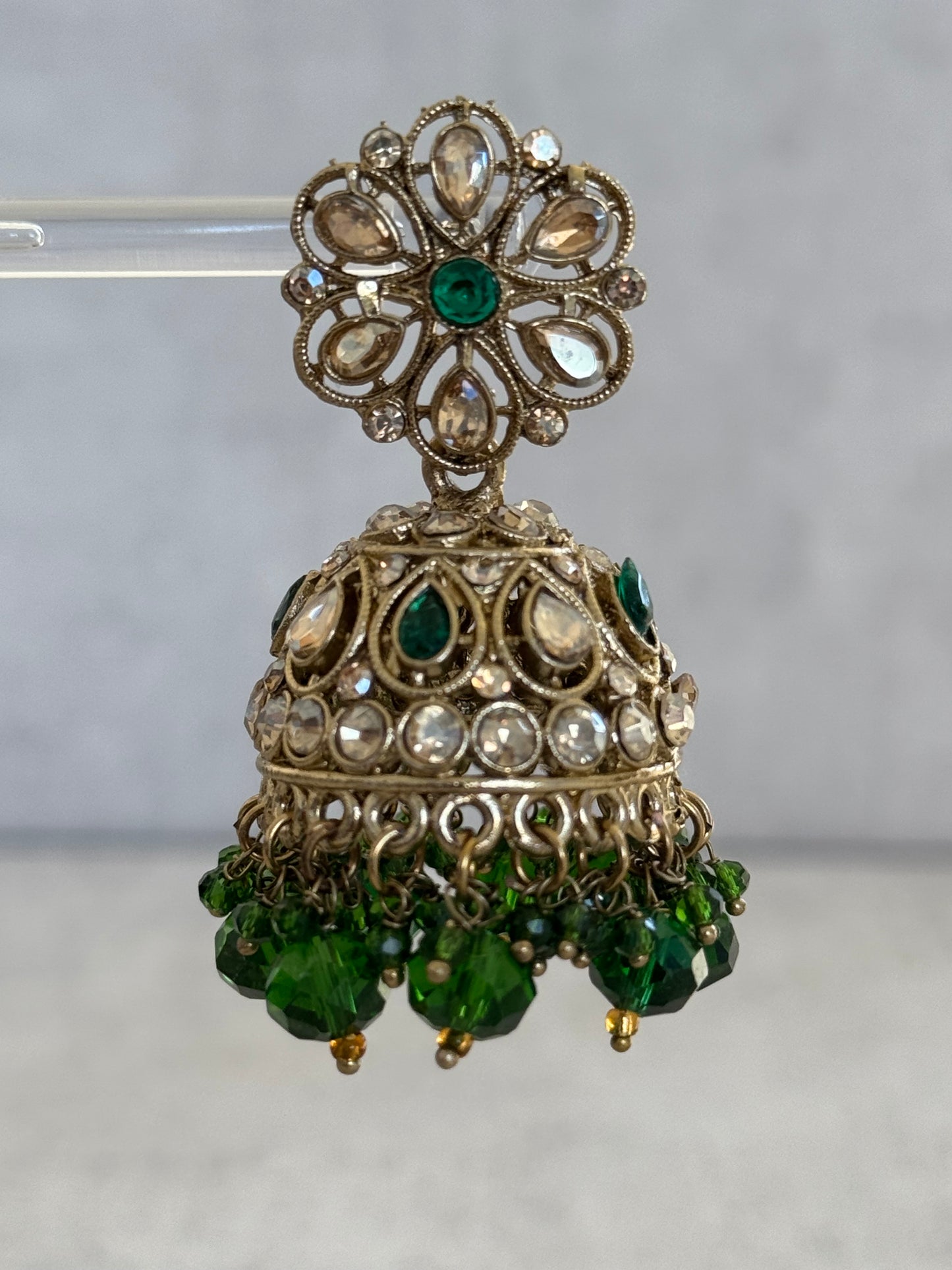 Ayura Designs Hookum Antique Gold Tikka Set – Elegant Earrings & Tikka with Olive Green Bead Accents
