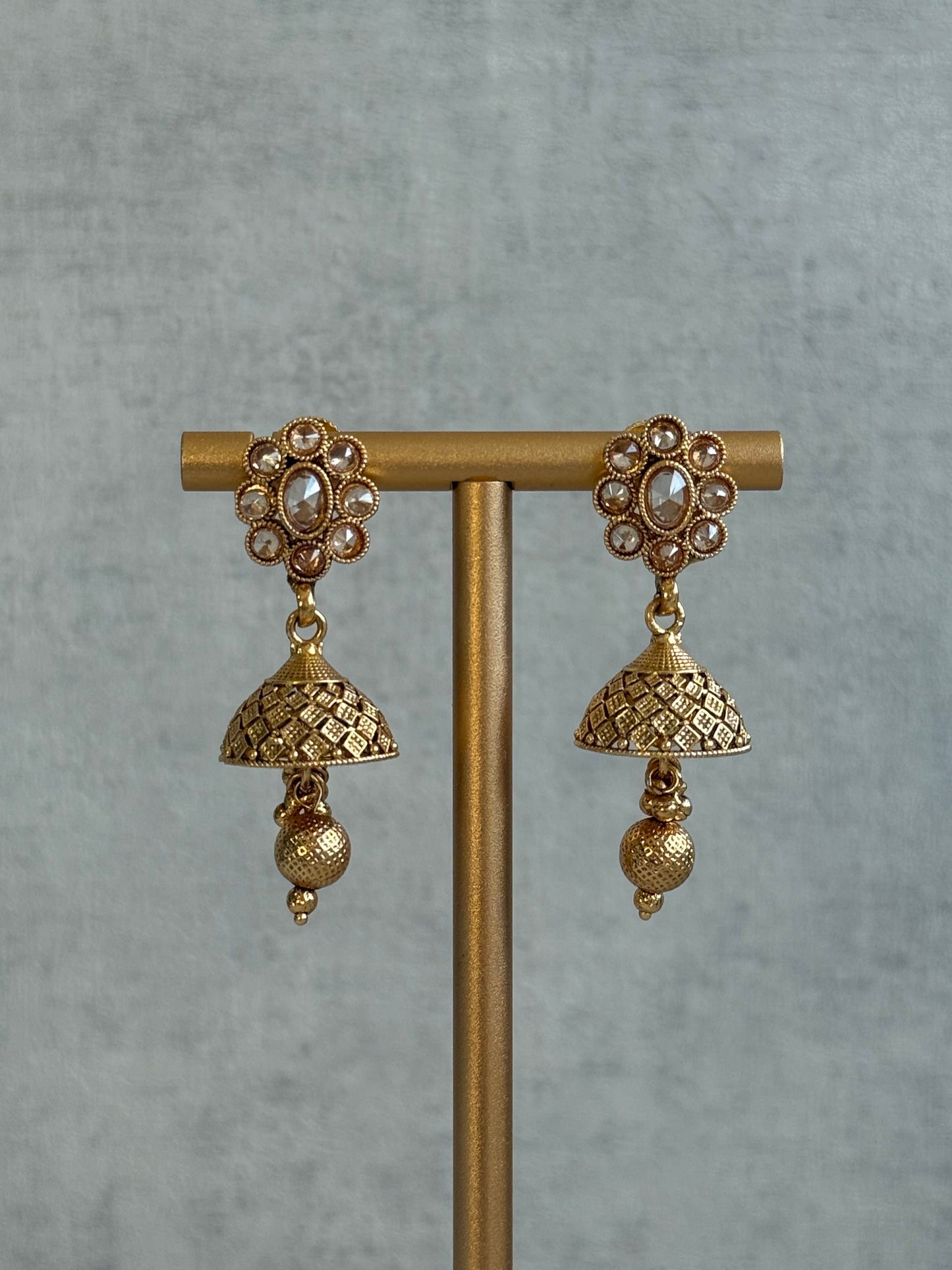 Ayura Designs Kavish Choker Set – Antique Gold Choker with Jhumkis in Champagne Stones & Pearl Detailing
