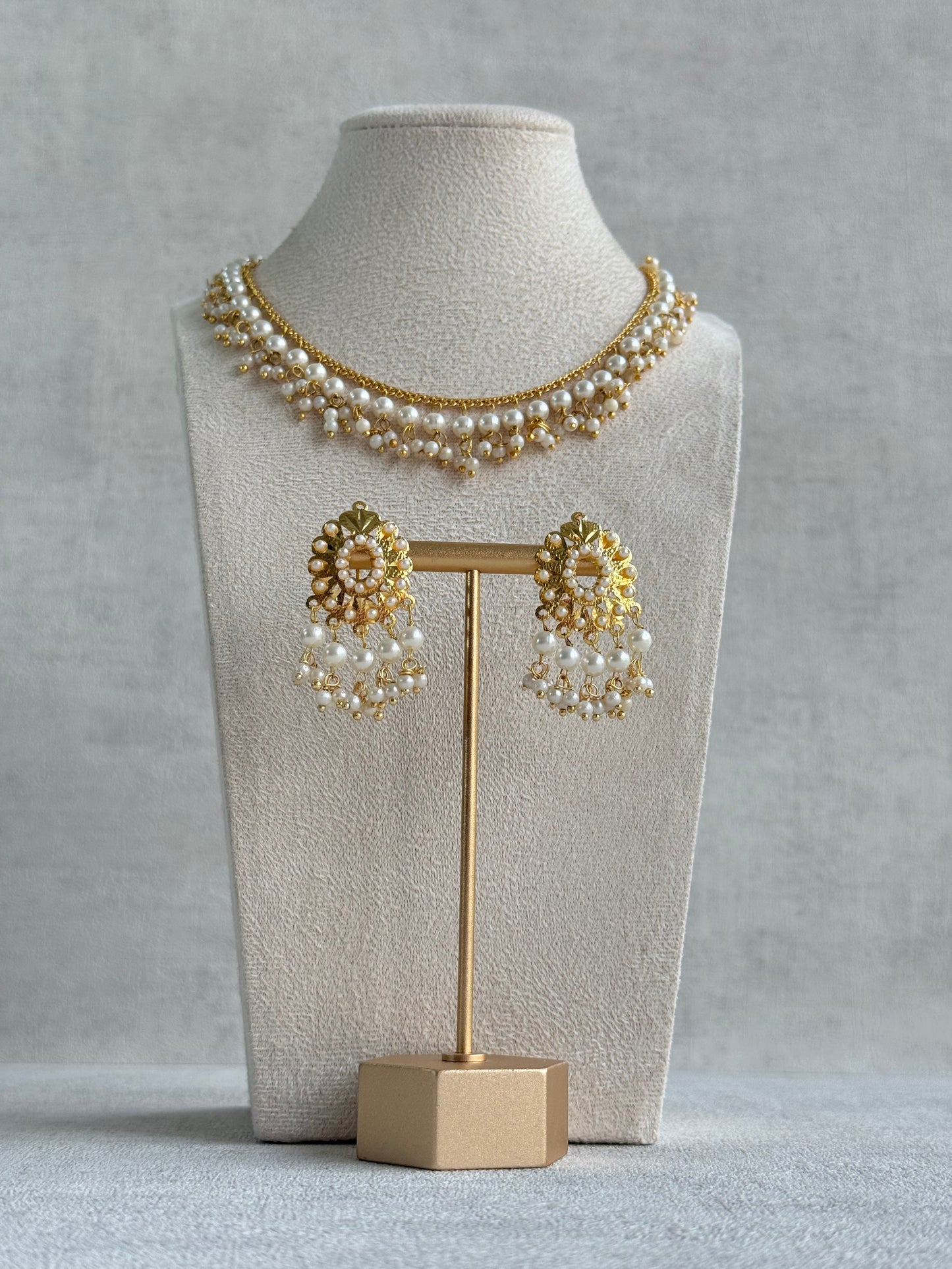 Ayura Designs Tarz Necklace Set with Earrings – Gold Pearl Layered Fringe Design with Pearl Drops