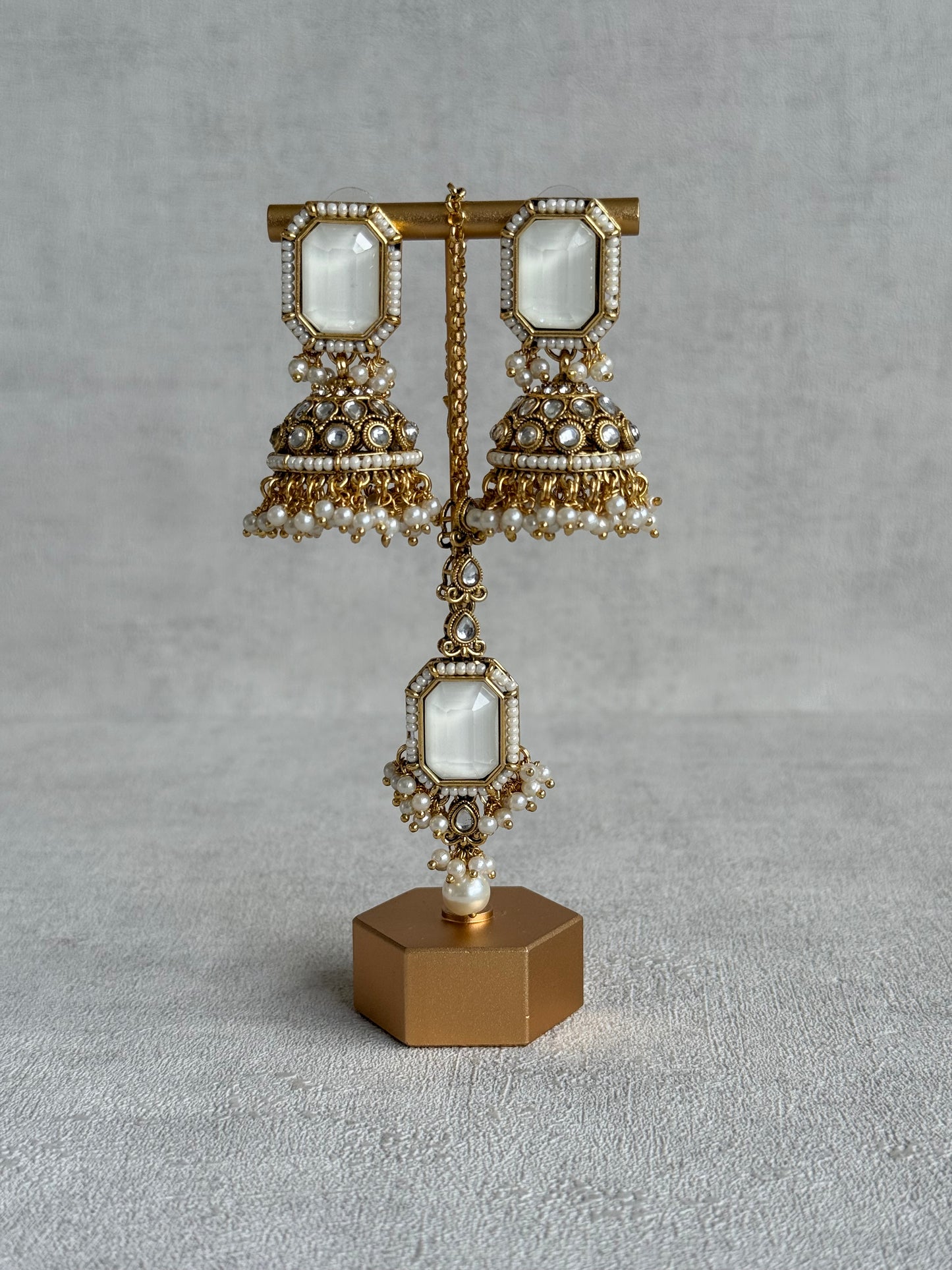 Ayura Designs Heena Tikka Set with Jhumkis – Ivory Stone, Kundan & Pearl Detailing