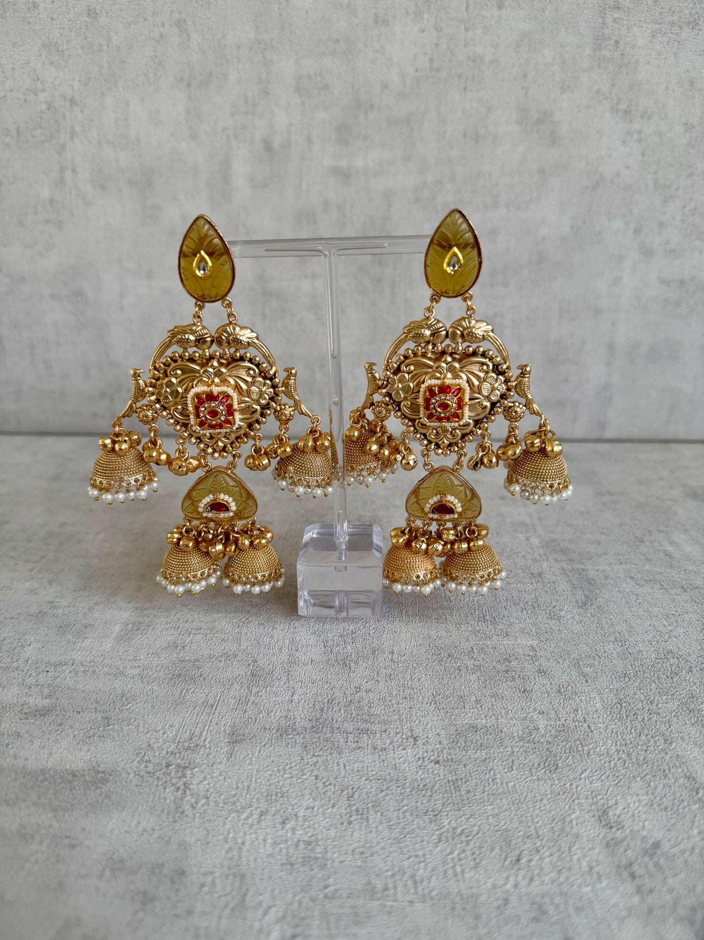 Ayura Designs Areesha Earrings – Gold-Plated Earrings with Yellow Carved Stones, Red Enamel, Layered Jhumkas & Pearl Detailing