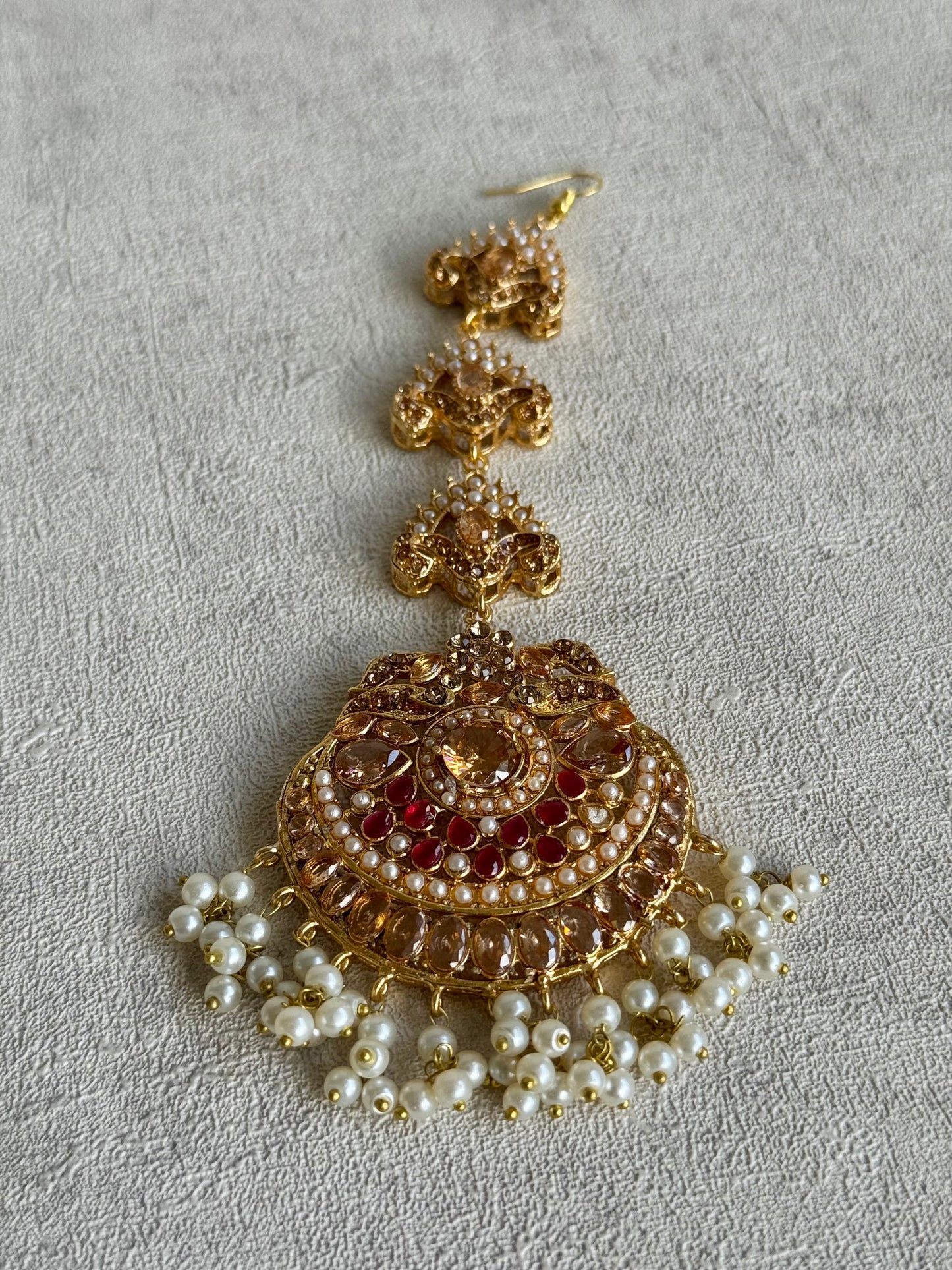 Ayura Designs Zarnigar Tikka Set with Sahare Jhumkis – Champagne & Ruby Stones with Pearl Detailing