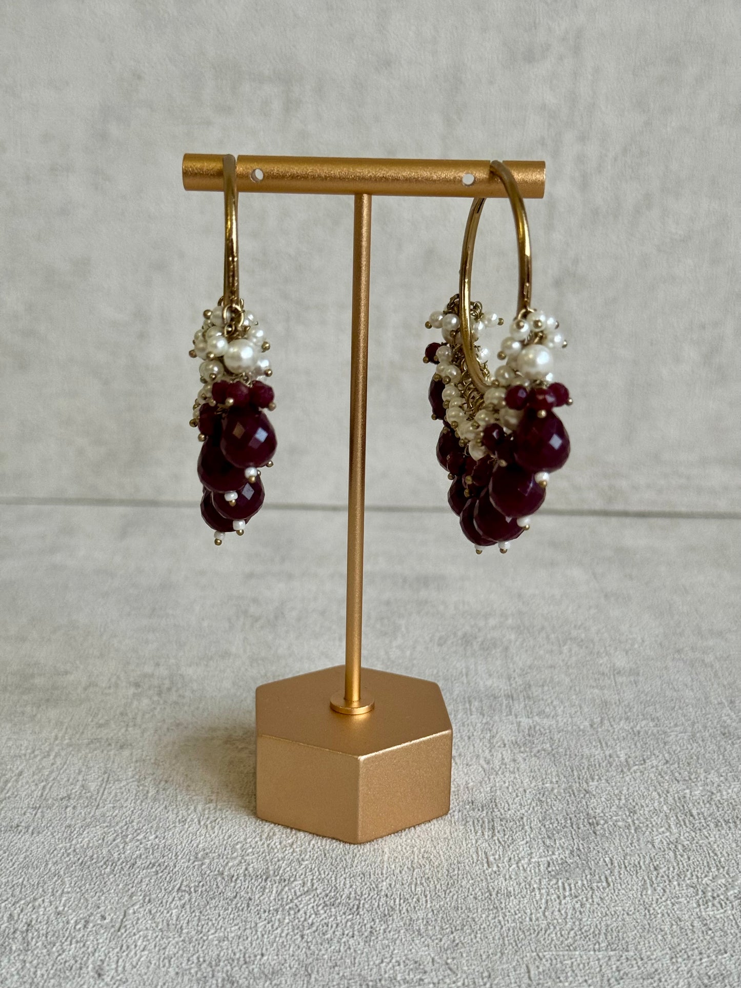Ayura Designs Jhanak Balis – Pearl Hoops with Wine-Coloured Beads
