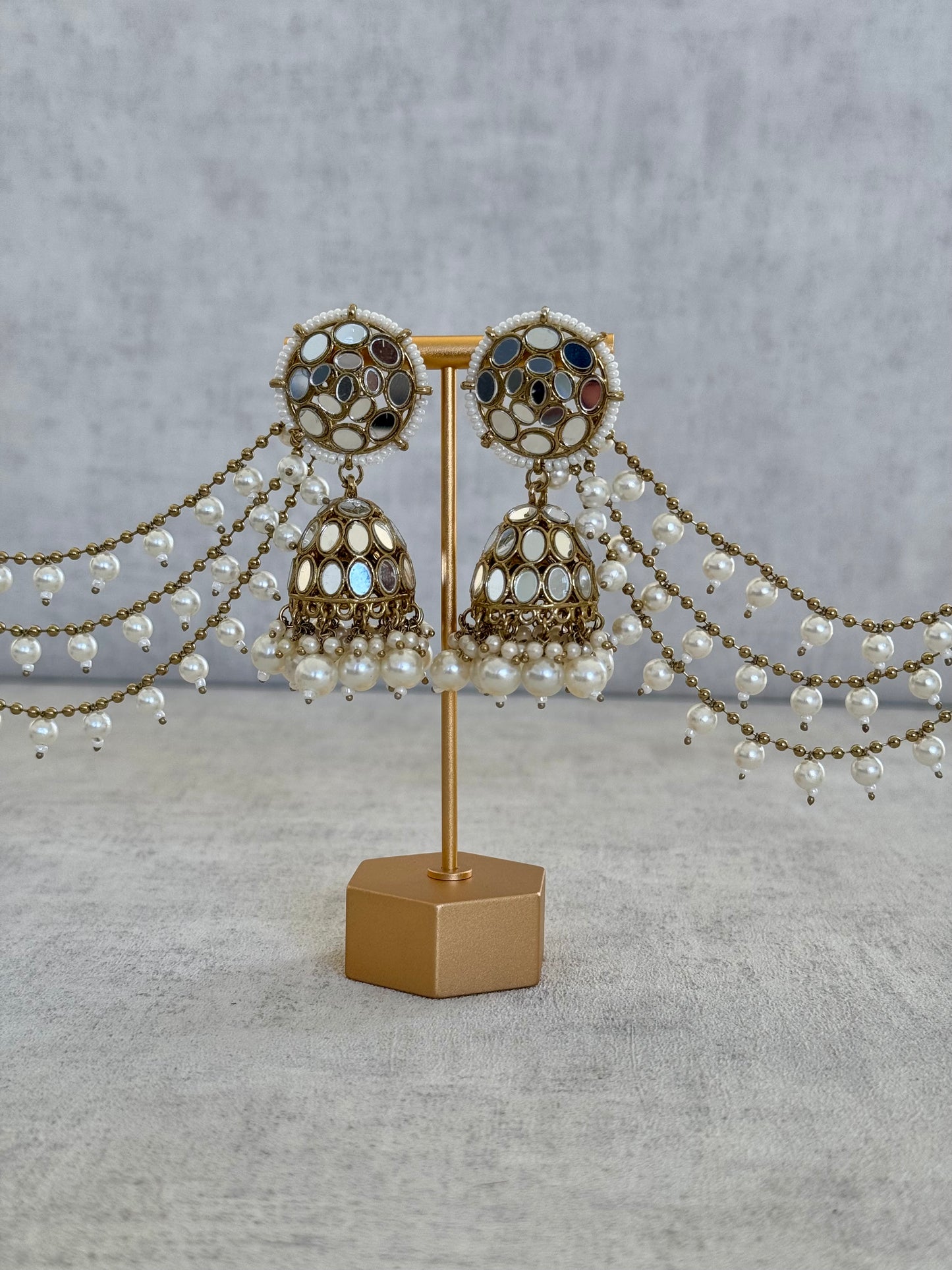 Ayura Designs Aaina Jhumkis with Sahare – Antique Gold Mirror Work & Pearl Earrings