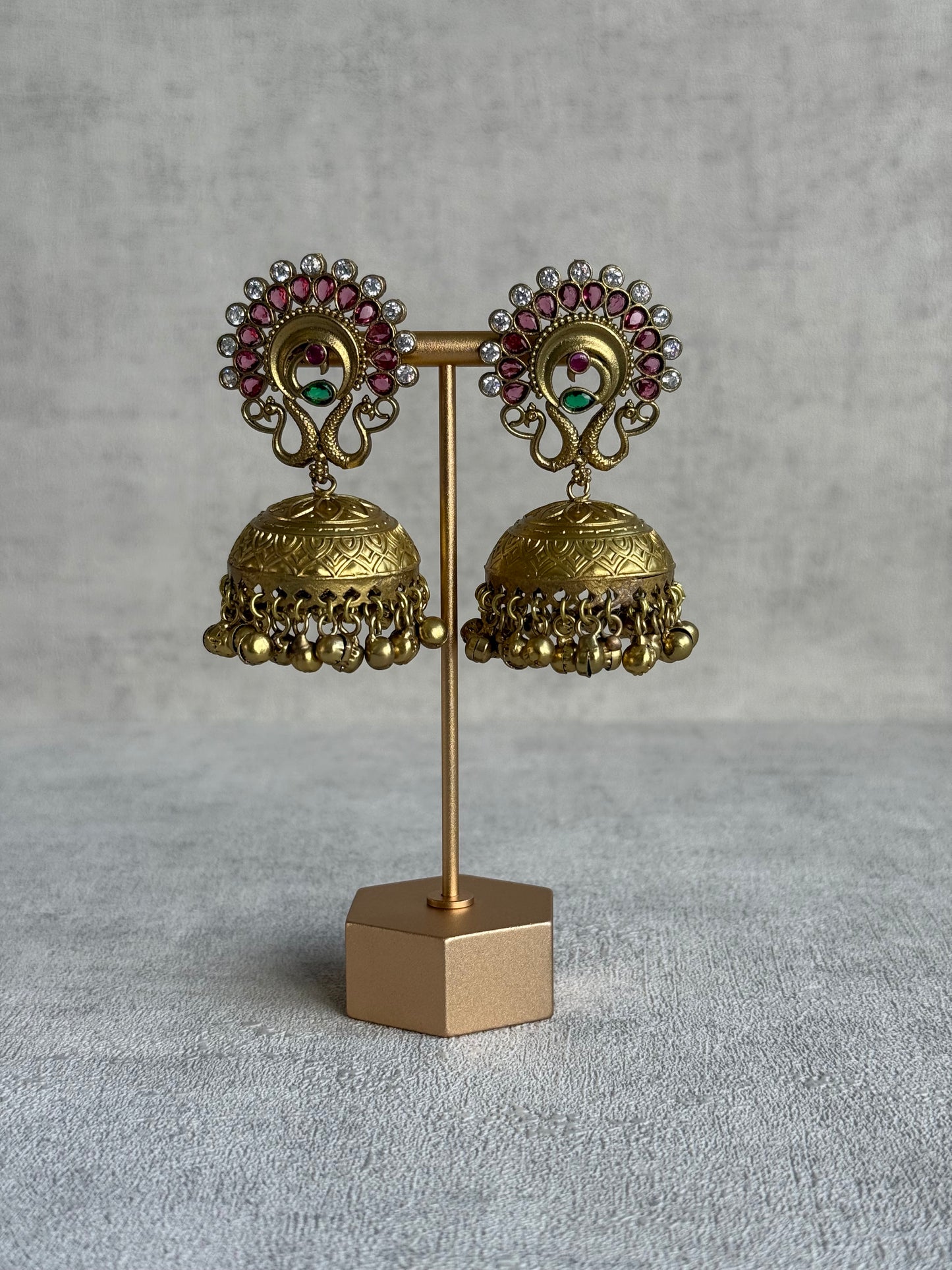 Ayura Designs Moraya Jhumkis – Berry Pink Peacock Motif with Antique Gold Detailing