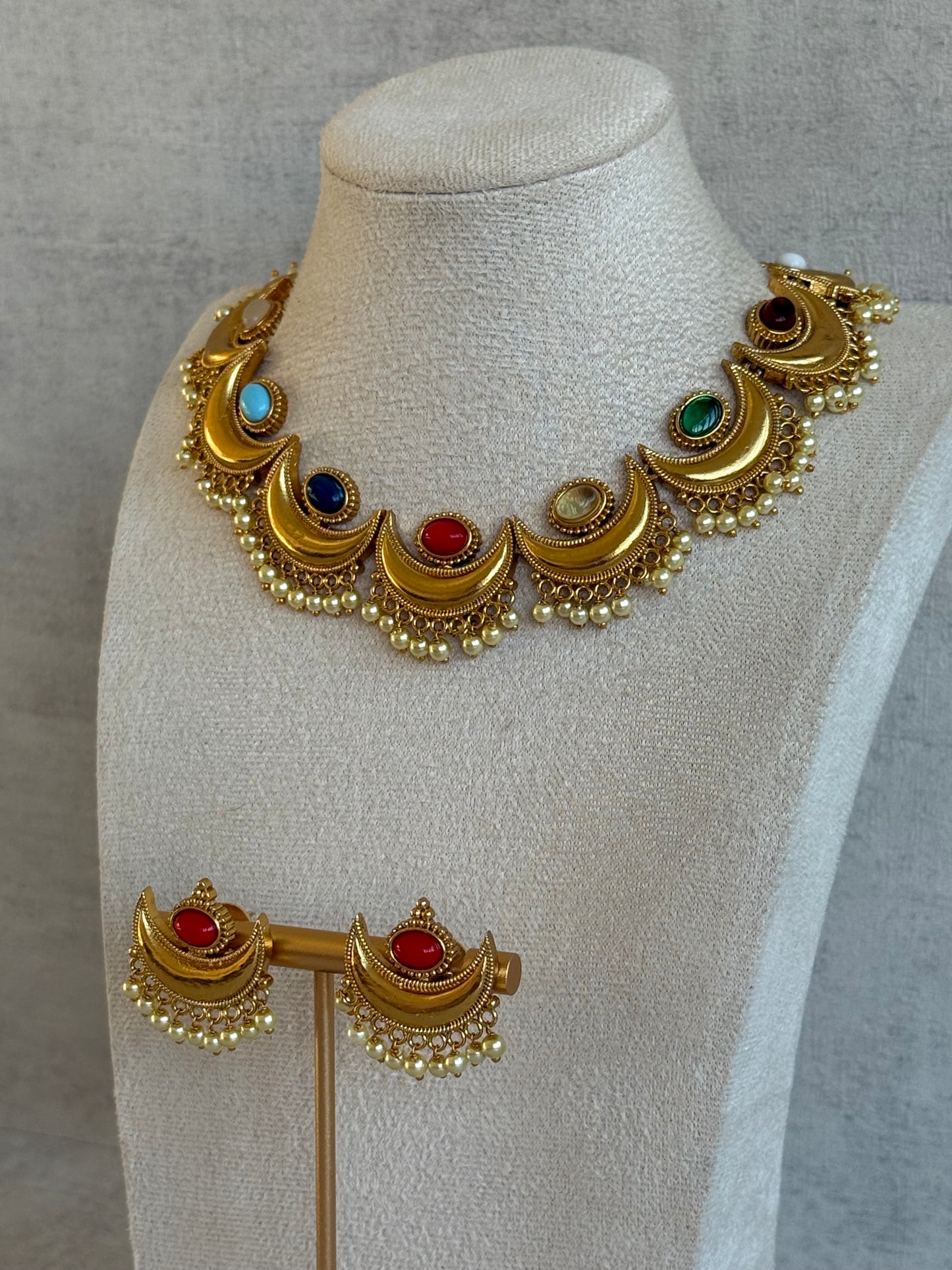 Ayura Designs Laksha Set with Earrings – Antique Gold Crescent Motifs, Multicolour Stones & Pearl Detailing